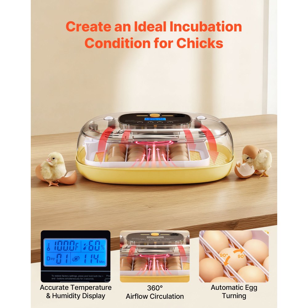 VEVOR 24 Egg Incubator, Automatic Egg Turner with LED Candler, Temperature & Humidity Control, 360° View Clear Window, Auto Water Refill, Poultry Eggs Incubators for Hatching Chicks Ducks Goose Quail