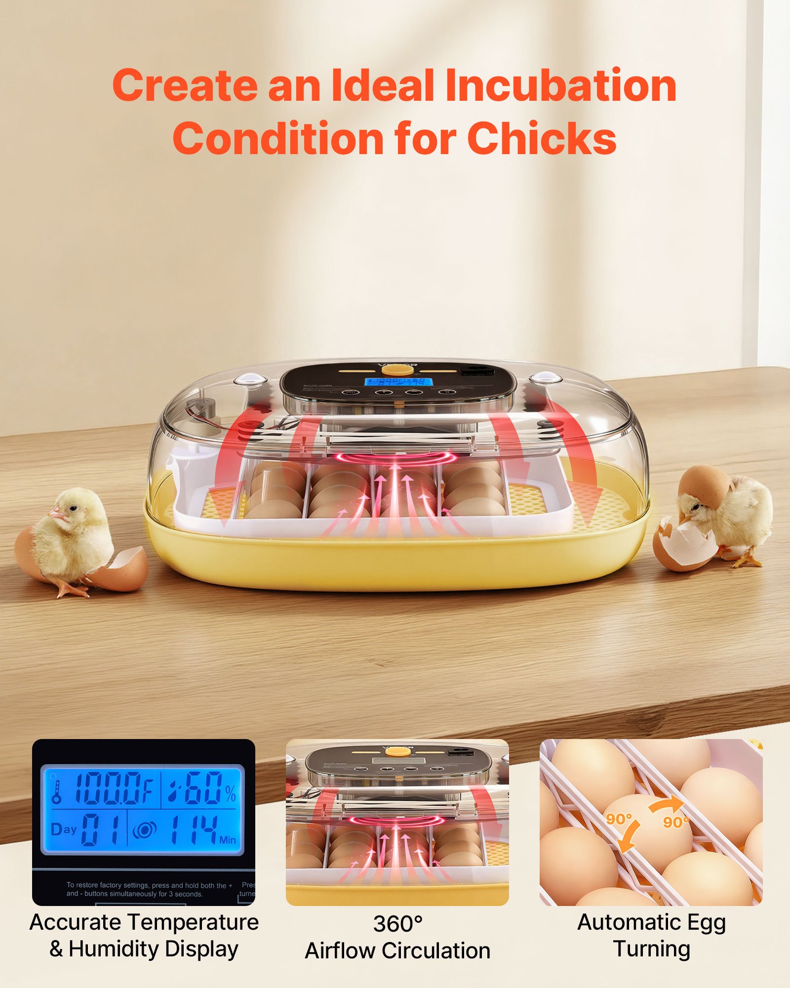 VEVOR 24 Egg Incubator, Automatic Egg Turner with LED Candler, Temperature & Humidity Control, 360° View Clear Window, Auto Water Refill, Poultry Eggs Incubators for Hatching Chicks Ducks Goose Quail