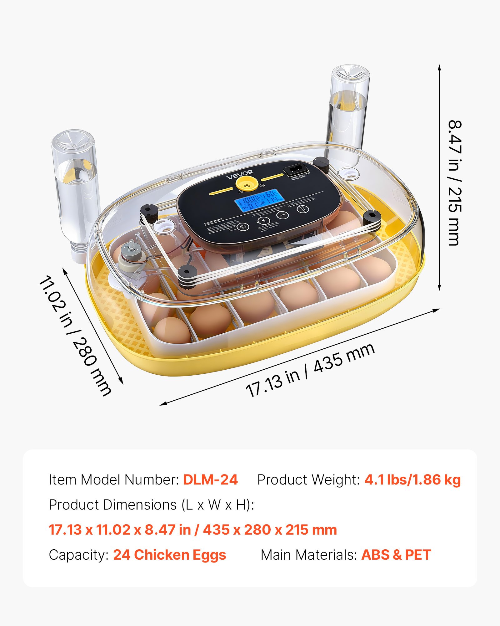 VEVOR 24 Egg Incubator, Automatic Egg Turner with LED Candler, Temperature & Humidity Control, 360° View Clear Window, Auto Water Refill, Poultry Eggs Incubators for Hatching Chicks Ducks Goose Quail