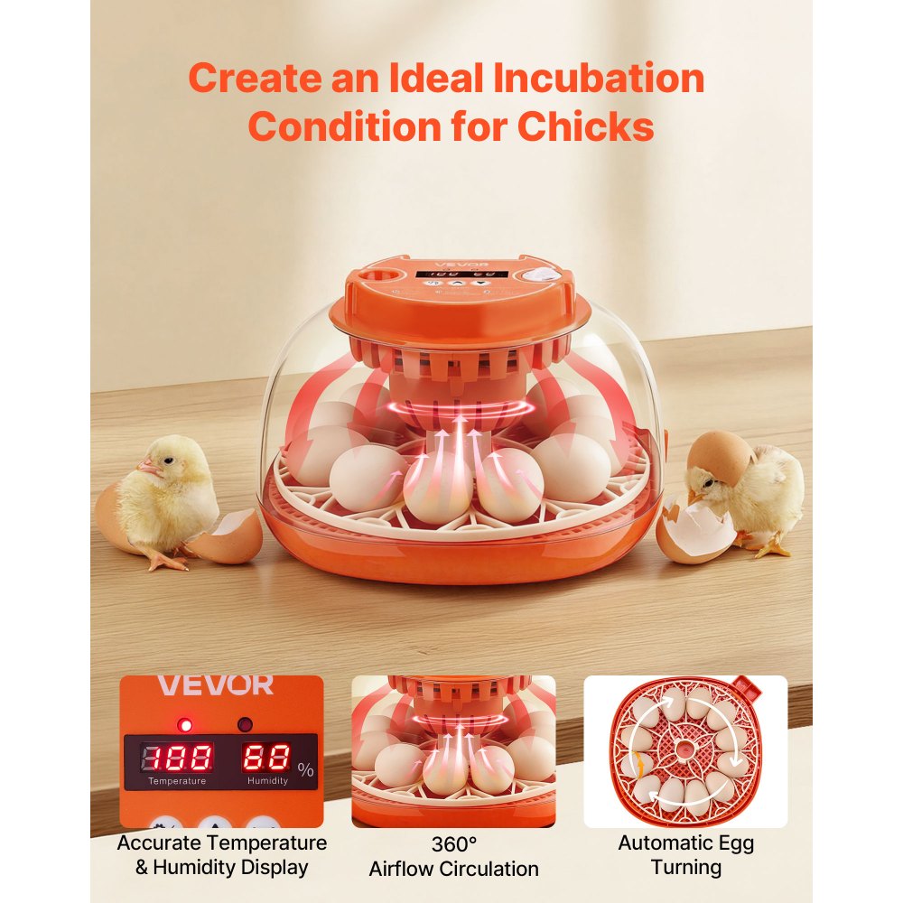 VEVOR 12 Egg Incubator, Automatic Egg Turner with LED Candler, Temperature & Humidity Control, 360° View Clear Window, Poultry Eggs Incubator for Home Farm, Hatching Chicks Ducks Goose Quail