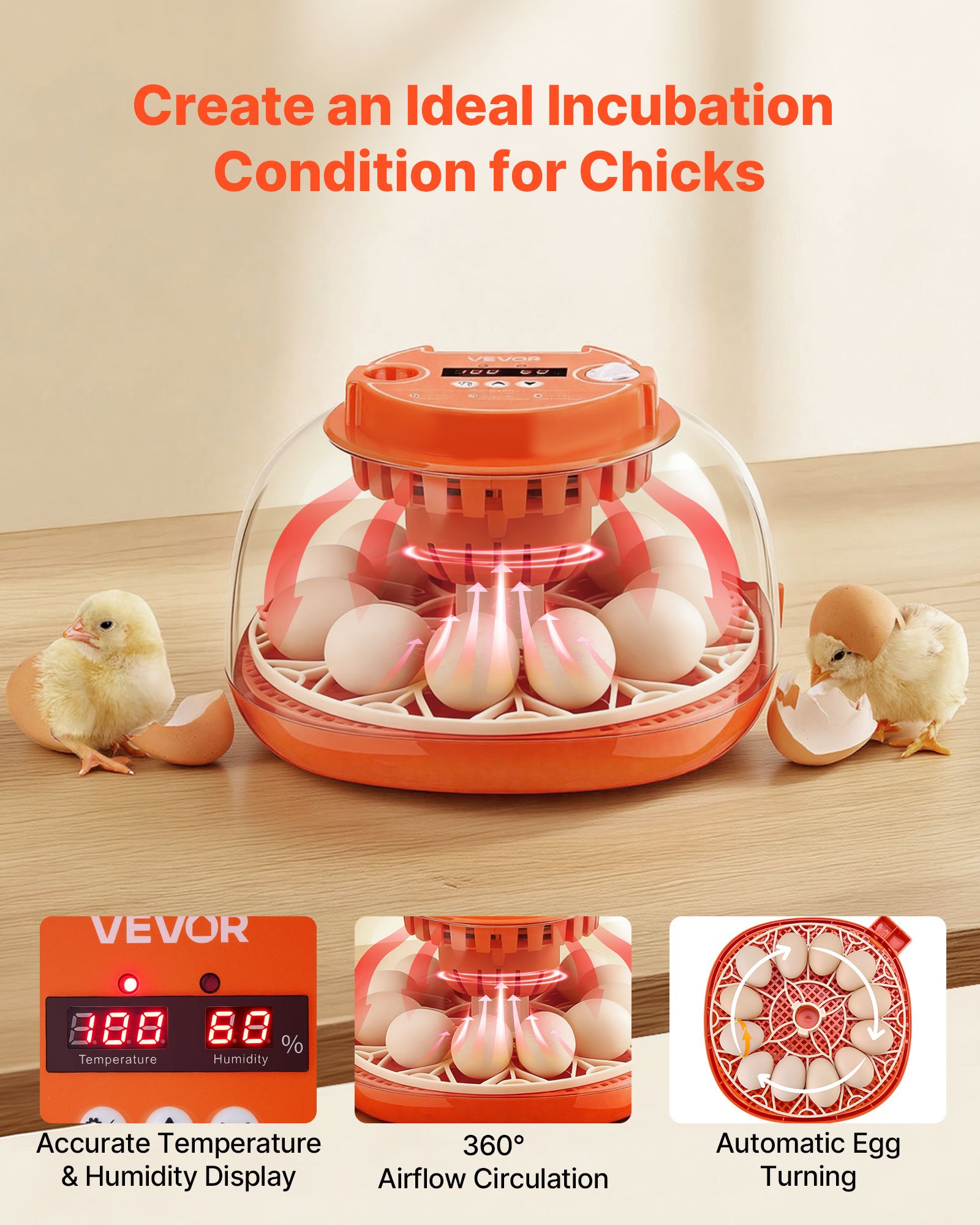 VEVOR 12 Egg Incubator, Automatic Egg Turner with LED Candler, Temperature & Humidity Control, 360° View Clear Window, Poultry Eggs Incubator for Home Farm, Hatching Chicks Ducks Goose Quail