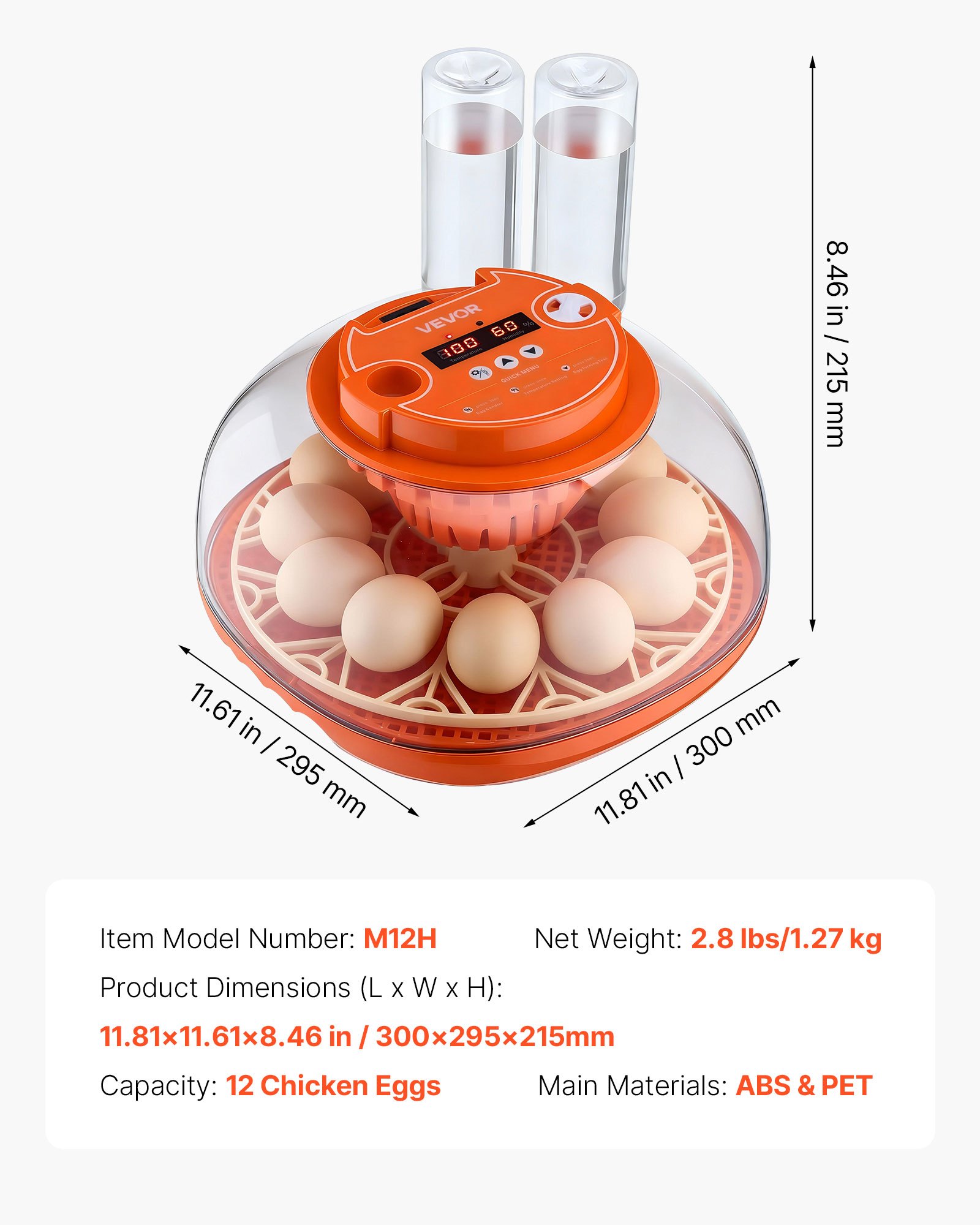 VEVOR 12 Egg Incubator, Automatic Egg Turner with LED Candler, Temperature & Humidity Control, 360° View Clear Window, Poultry Eggs Incubator for Home Farm, Hatching Chicks Ducks Goose Quail