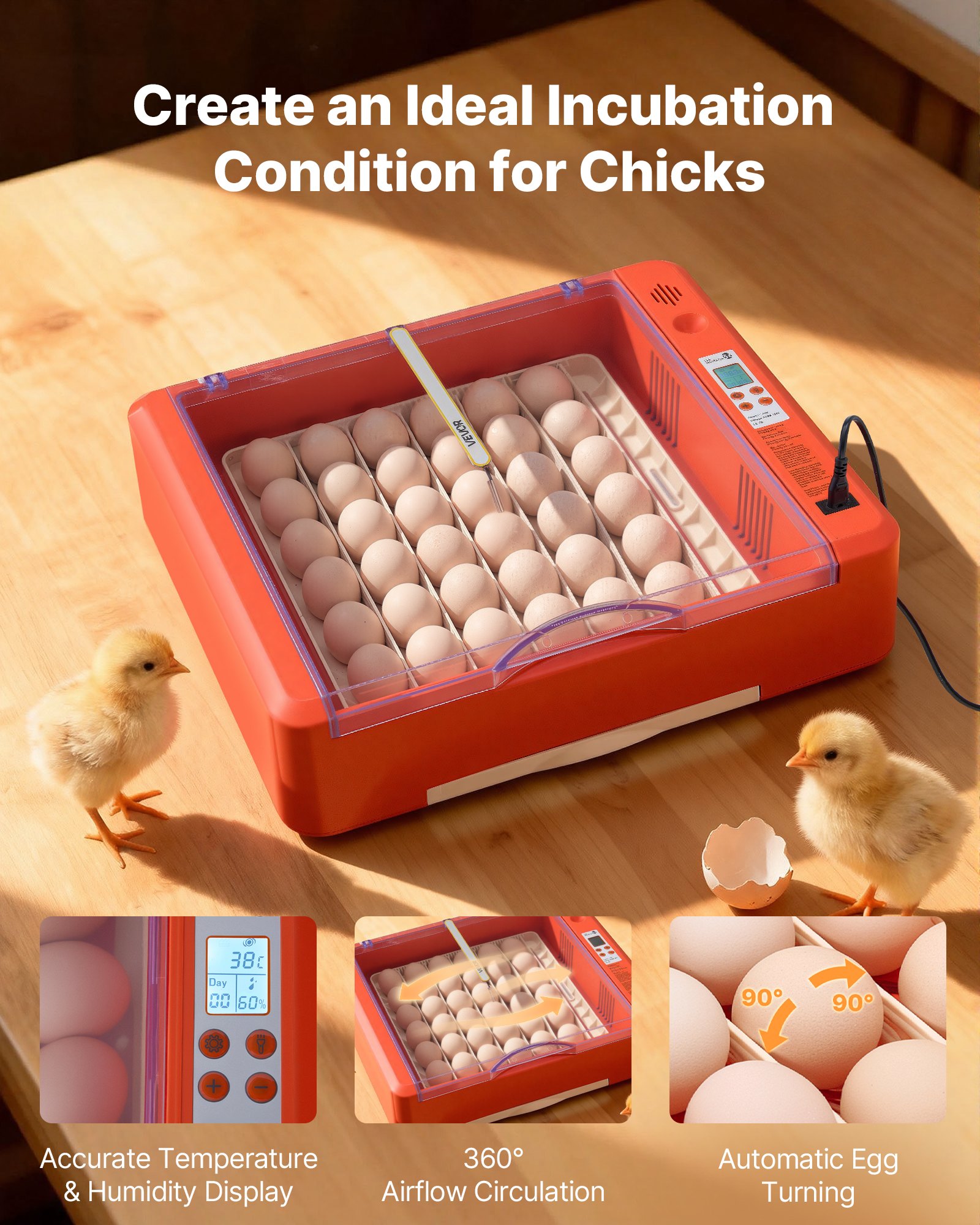 VEVOR 36 Egg Incubator, Automatic Egg Turner with LED Candler & Water Tray, Temperature & Humidity Control, 360° View Clear Window, Poultry Eggs Incubators for Hatching Chicks Ducks Goose Quails