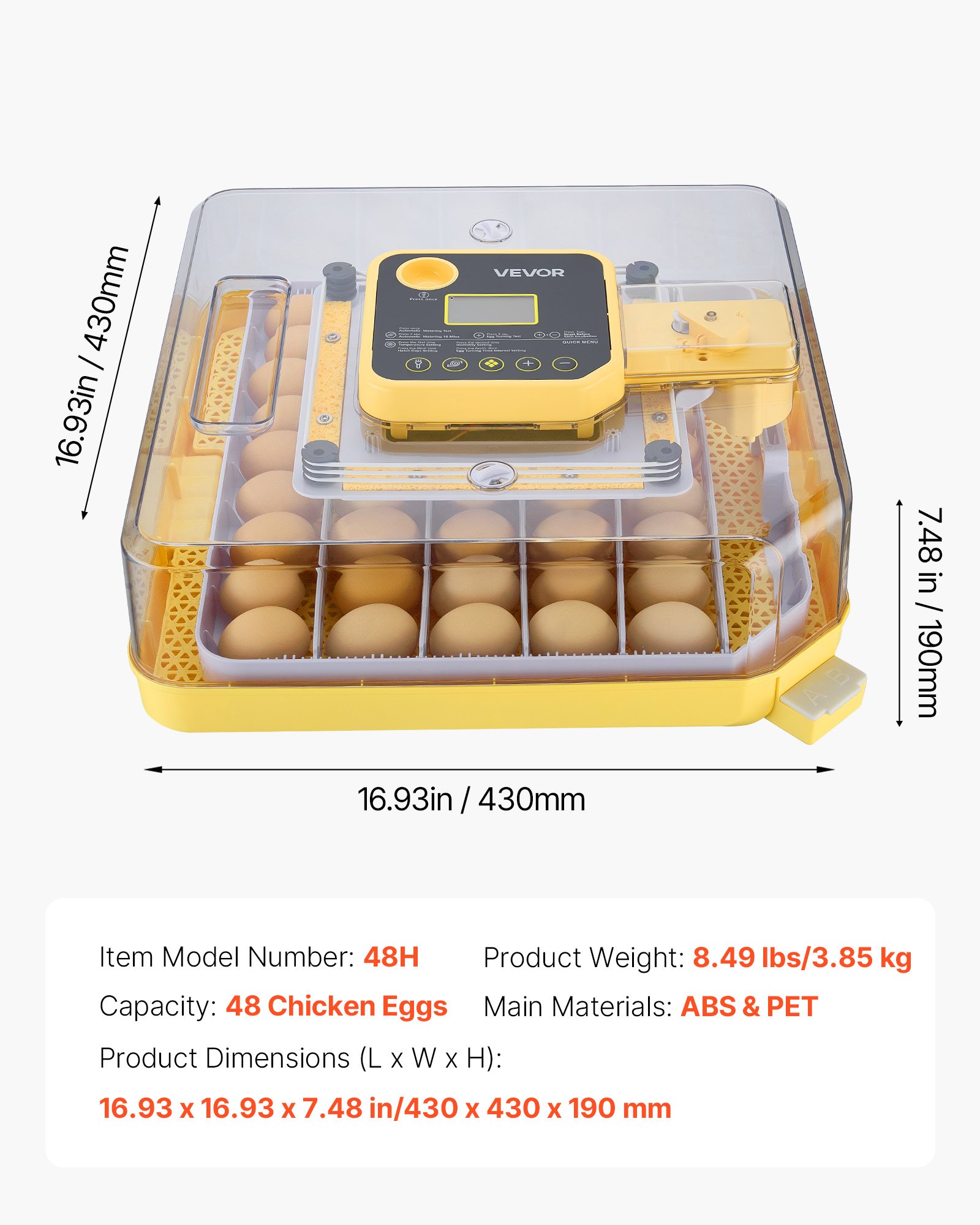 VEVOR 48 Egg Incubator, Automatic Egg Turner with LED Candler, Temperature Display & Auto Humidity Control, 360° View Clear Window, Poultry Eggs Incubator for Hatching Chicks Ducks Goose Quail