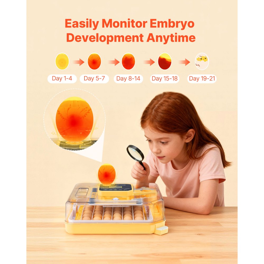 VEVOR 48 Egg Incubator, Automatic Egg Turner with LED Candler, Temperature Display & Auto Humidity Control, 360° View Clear Window, Poultry Eggs Incubator for Hatching Chicks Ducks Goose Quail
