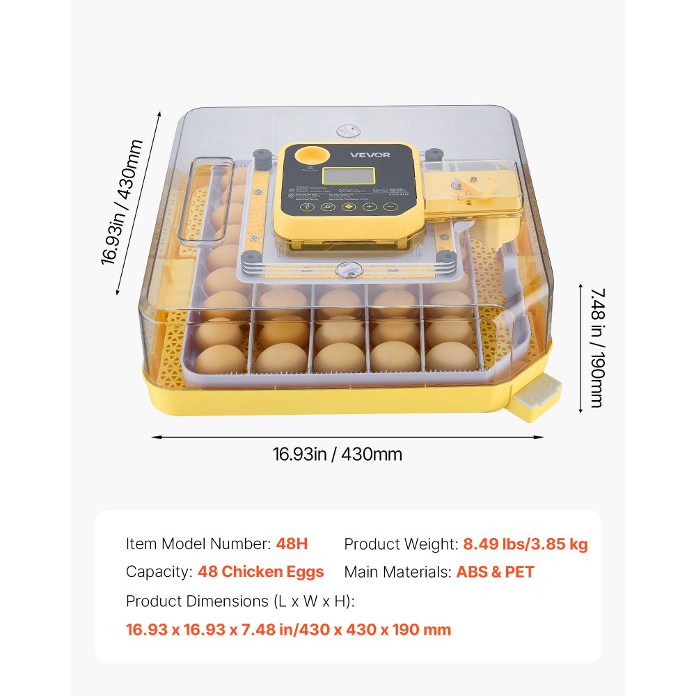 VEVOR 48 Egg Incubator, Automatic Egg Turner with LED Candler, Temperature Display & Auto Humidity Control, 360° View Clear Window, Poultry Eggs Incubator for Hatching Chicks Ducks Goose Quail