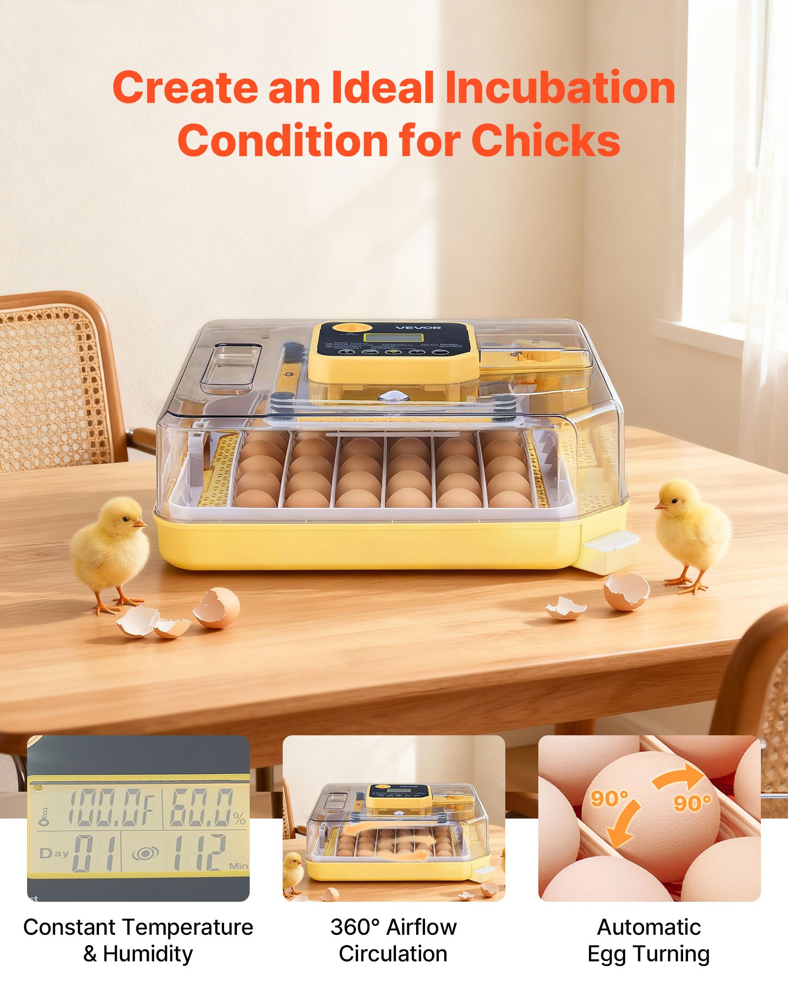 VEVOR 48 Egg Incubator, Automatic Egg Turner with LED Candler, Temperature Display & Auto Humidity Control, 360° View Clear Window, Poultry Eggs Incubator for Hatching Chicks Ducks Goose Quail