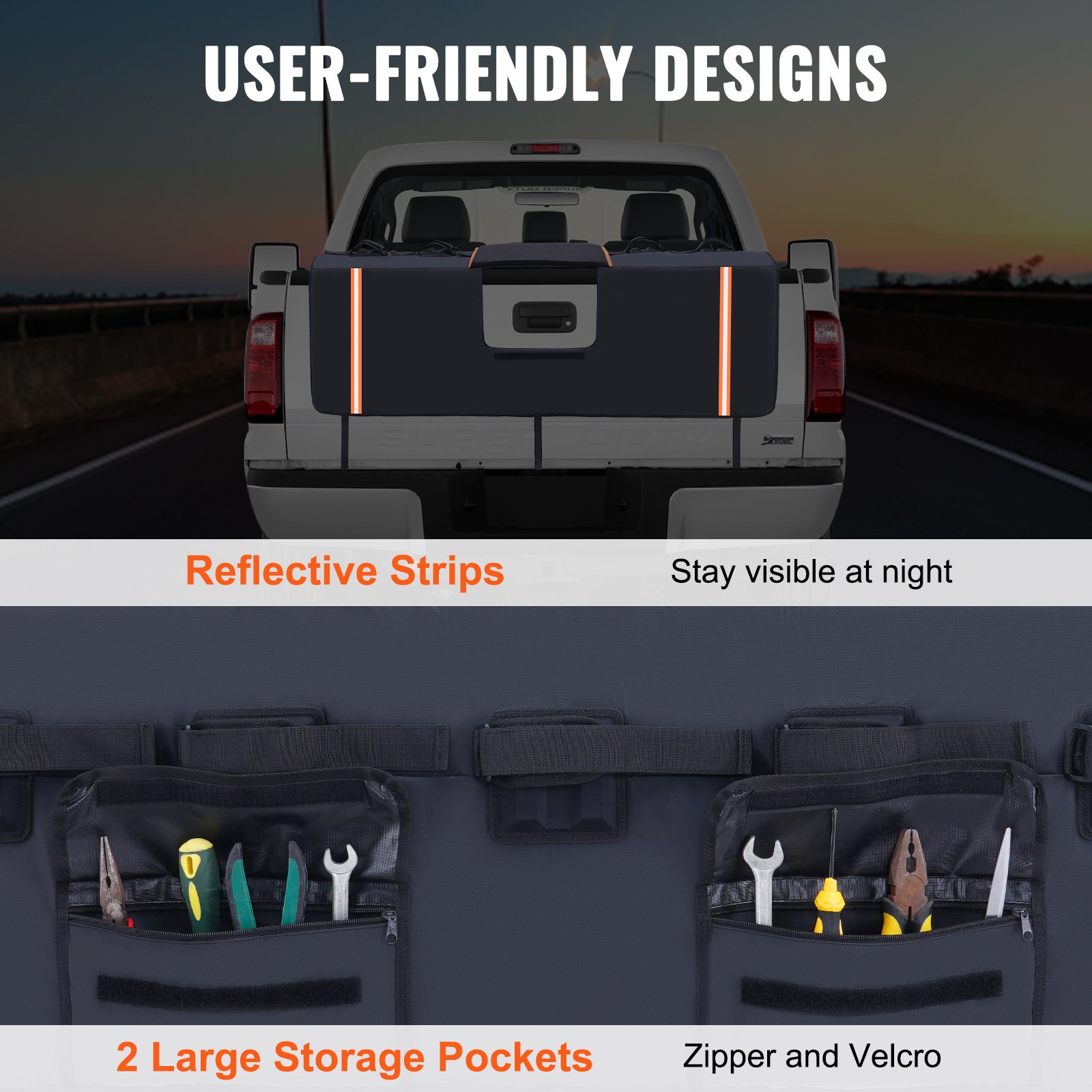 VEVOR Tailgate Bike Pad, 62" Truck Tailgate Pad Carry 6 Mountain Bikes, Upgraded Grooves Tailgate Protection Pad with Reflective Strips and Tool Pockets, with Camera Opening for Most Pickup Trucks