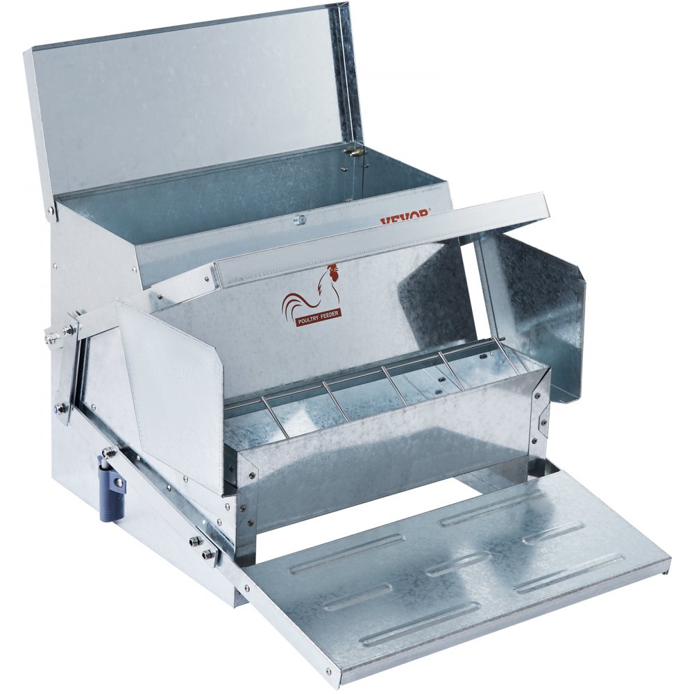 VEVOR automatic chicken feeder with galvanized metal construction and feed compartment.