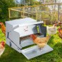 VEVOR automatic chicken feeder in a sunny chicken coop with hens eating.