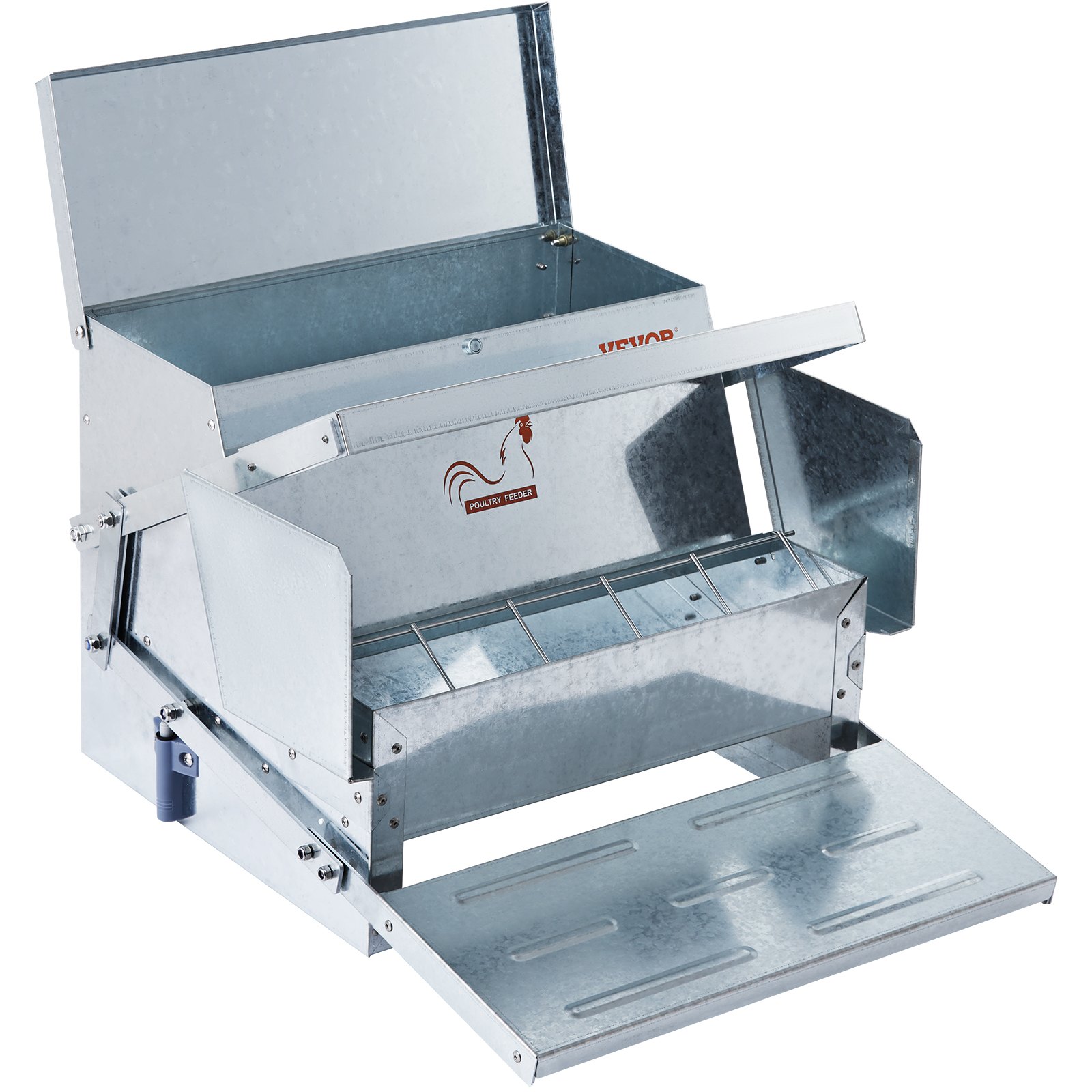 VEVOR automatic chicken feeder with galvanized metal construction and open lid.