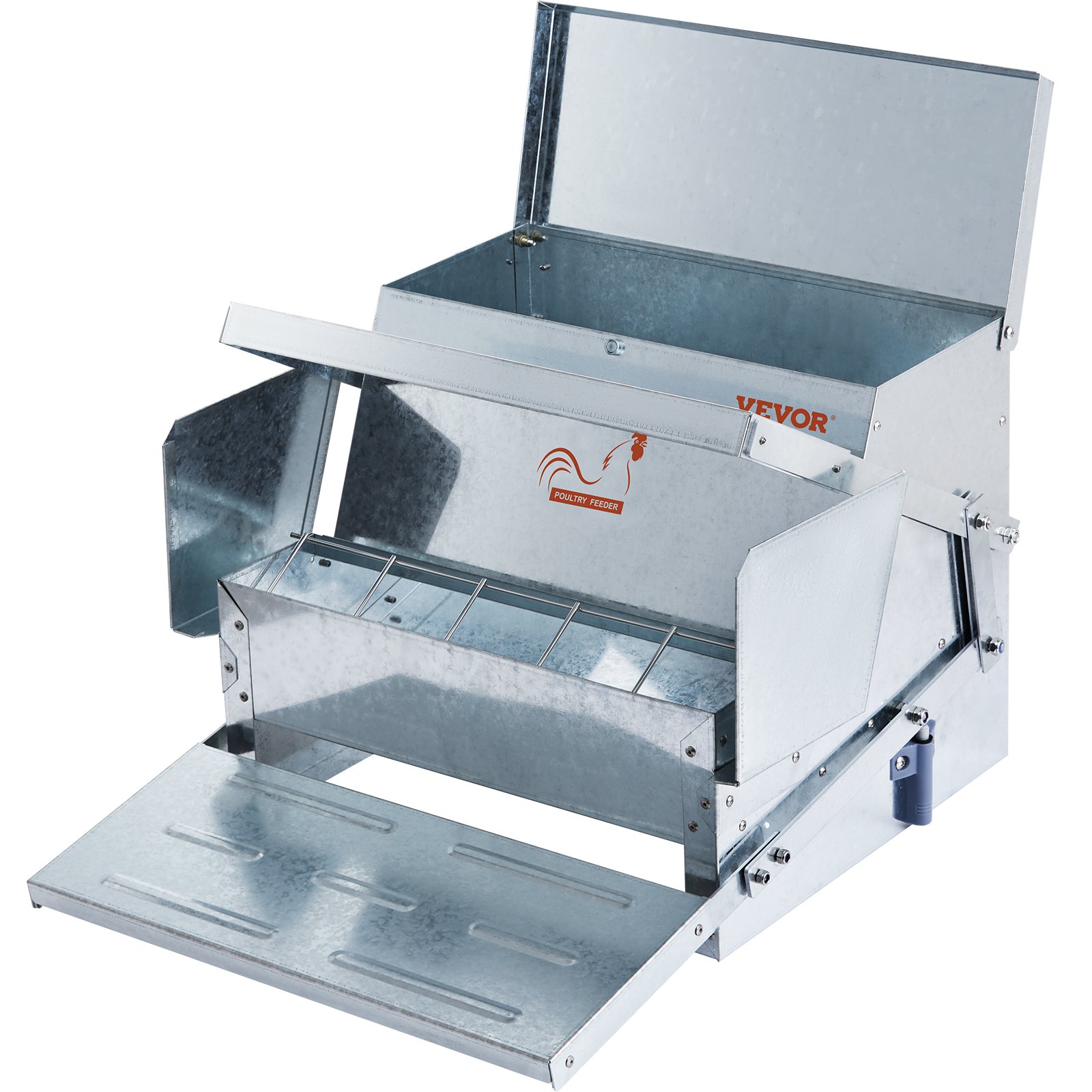 VEVOR automatic chicken feeder made of galvanized steel with a hinged lid and feeding trough.