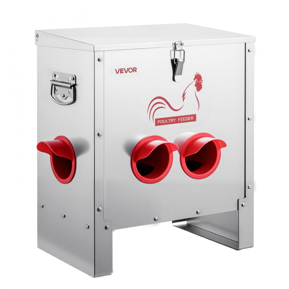 VEVOR Automatic Chicken Feeder, 11.34 kg Capacity, 6 Feeding Ports No-Waste Poultry Feeder, Automatic Gravity, with Handle Latch Lid, Metal Construction, for Chickens Bantams Pheasants Poultry Coop