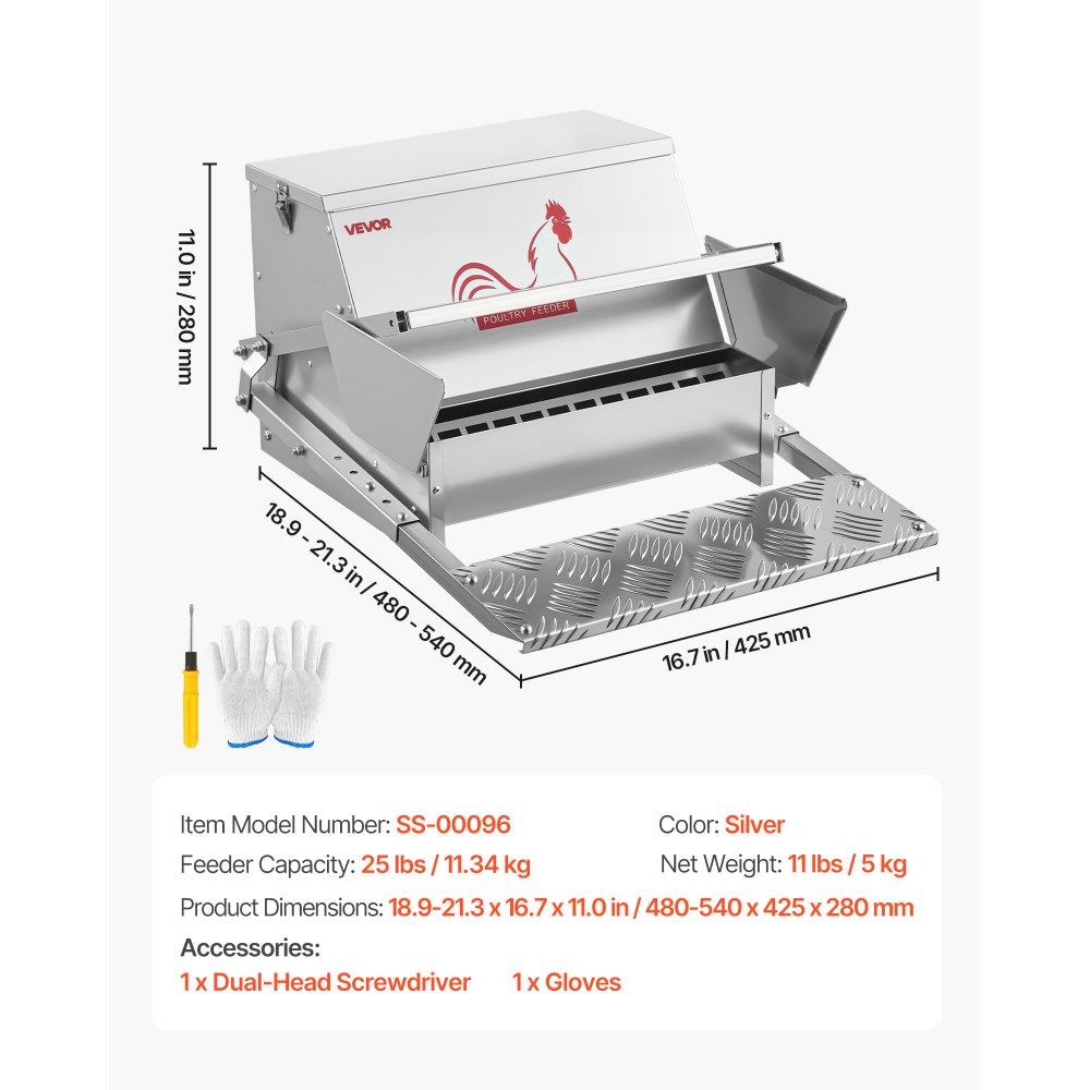 VEVOR Automatic Chicken Feeder, 11.34 kg Capacity, Rainproof Treadle Poultry Feeder with Lockable Lid, No Waste, Galvanized Steel Construction, Outdoor Use, for Chicken, Bantams, Poultry, Pheasants