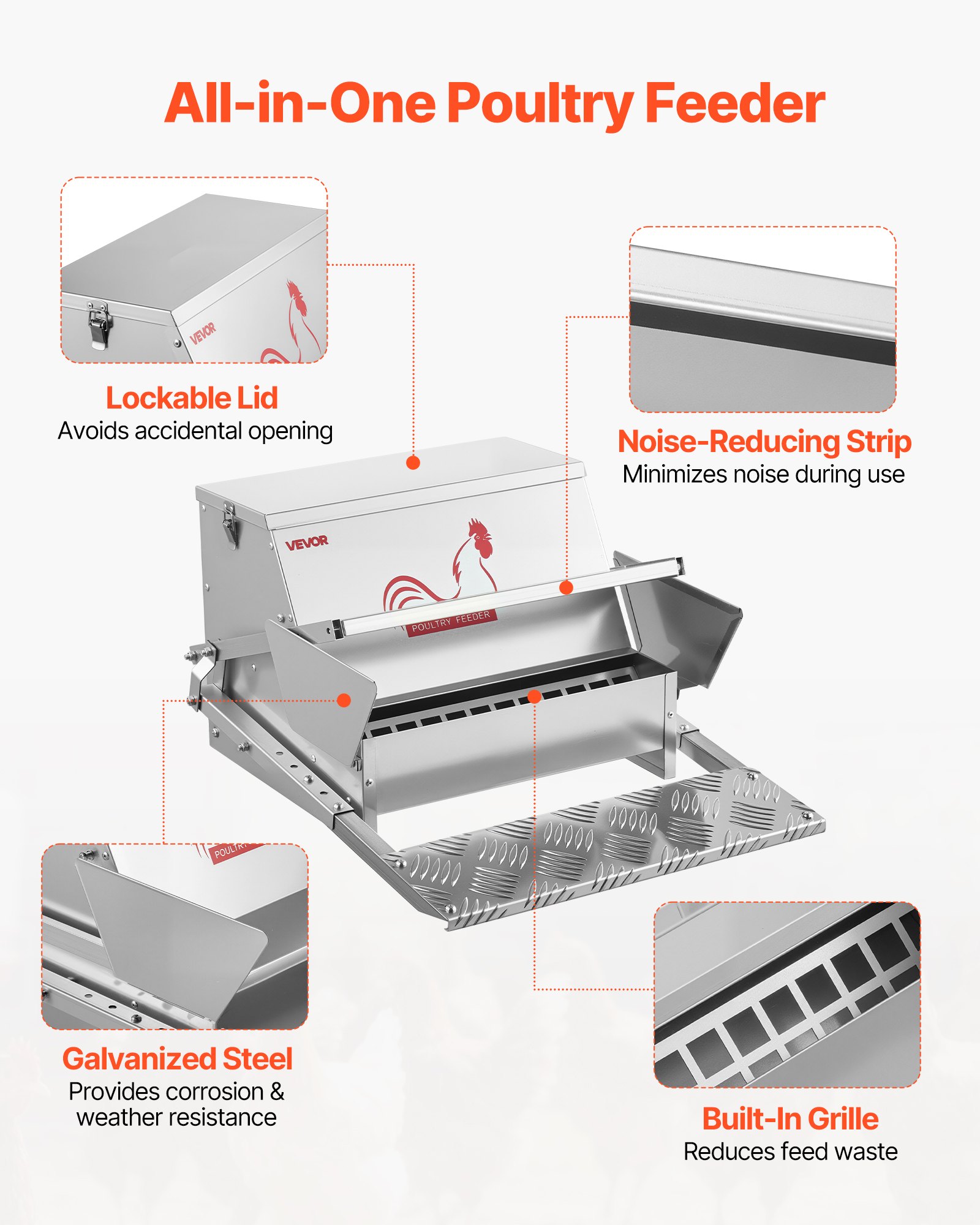 VEVOR Automatic Chicken Feeder, 11.34 kg Capacity, Rainproof Treadle Poultry Feeder with Lockable Lid, No Waste, Galvanized Steel Construction, Outdoor Use, for Chicken, Bantams, Poultry, Pheasants