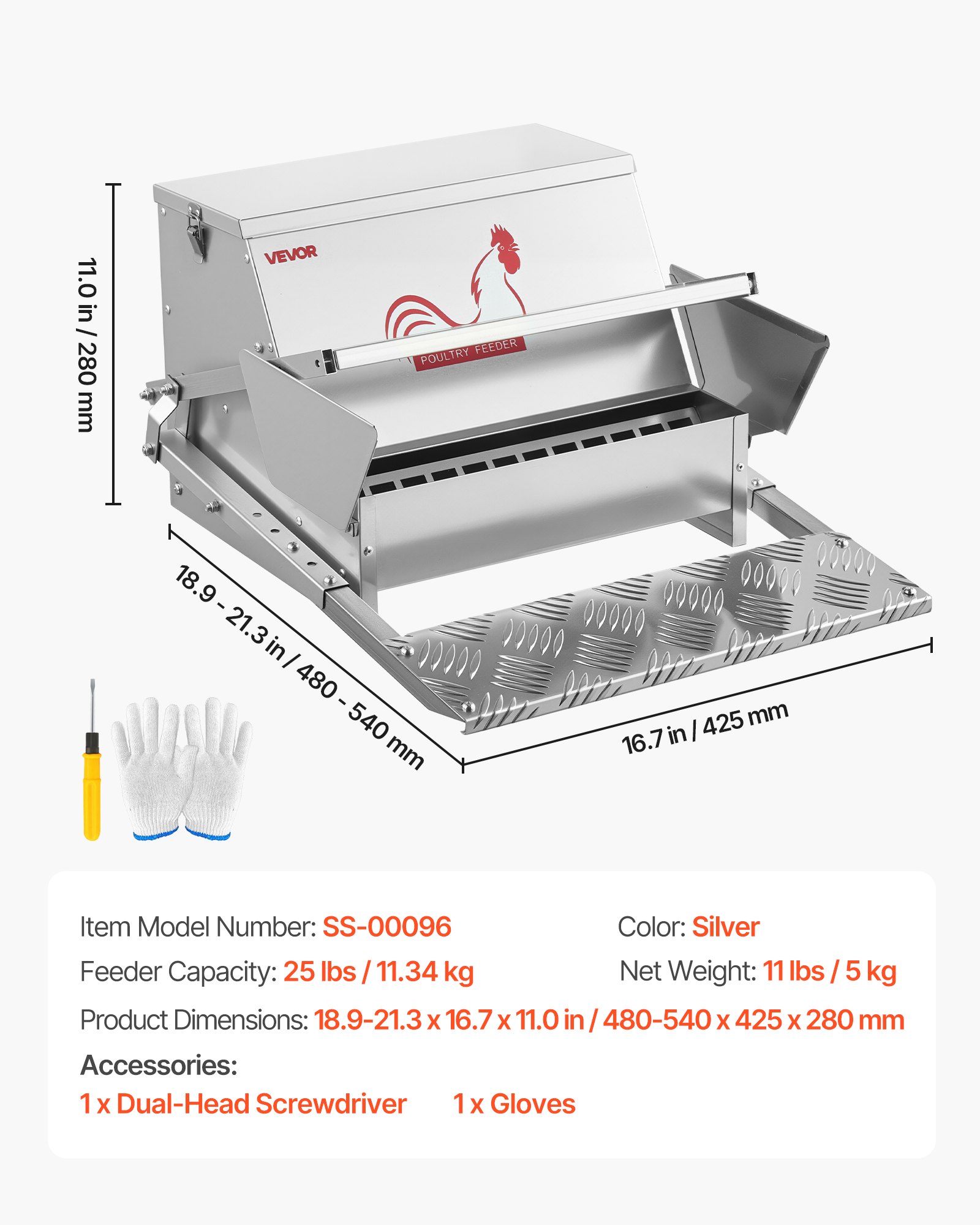 VEVOR Automatic Chicken Feeder, 11.34 kg Capacity, Rainproof Treadle Poultry Feeder with Lockable Lid, No Waste, Galvanized Steel Construction, Outdoor Use, for Chicken, Bantams, Poultry, Pheasants