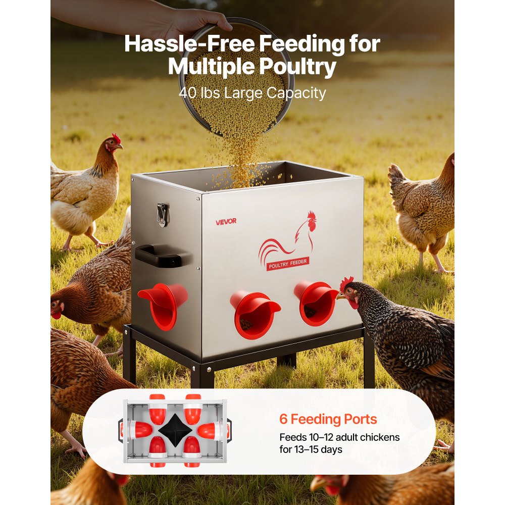 VEVOR Automatic Chicken Feeder, 18.14 kg Capacity, 6 Feeding Ports No-Waste Poultry Feeder with Built-In Divider, with Latch & Handle, Metal Construction, for Chickens Bantams Pheasants Poultry Coop