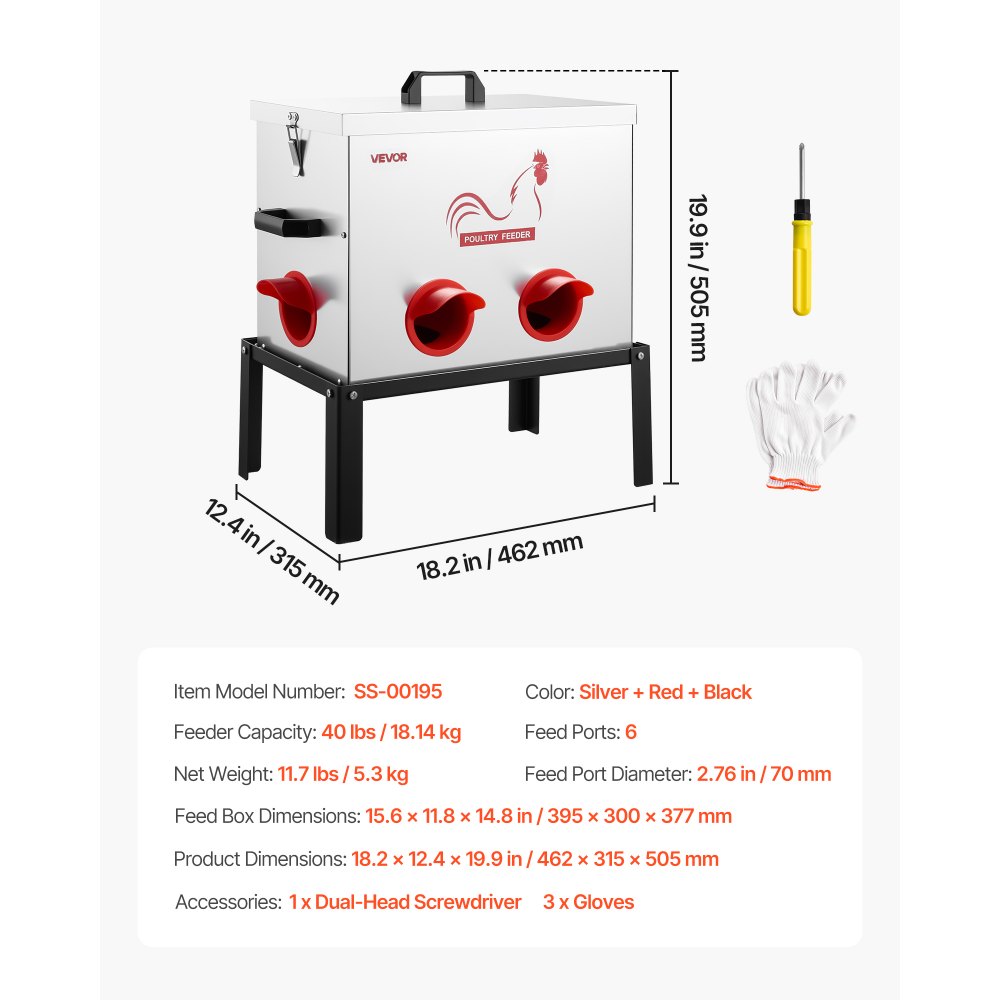 VEVOR Automatic Chicken Feeder, 18.14 kg Capacity, 6 Feeding Ports No-Waste Poultry Feeder with Built-In Divider, with Latch & Handle, Metal Construction, for Chickens Bantams Pheasants Poultry Coop