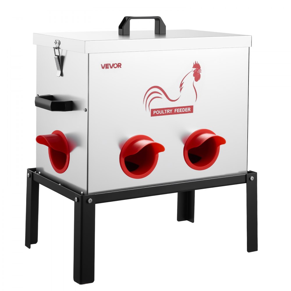 VEVOR Automatic Chicken Feeder, 18.14 kg Capacity, 6 Feeding Ports No-Waste Poultry Feeder with Built-In Divider, with Latch & Handle, Metal Construction, for Chickens Bantams Pheasants Poultry Coop