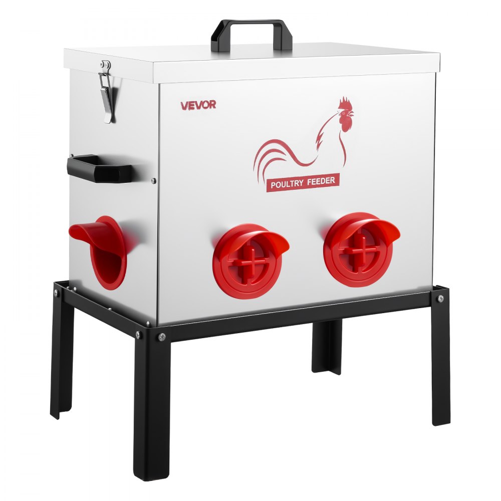 VEVOR Automatic Chicken Feeder, 18.14 kg Capacity, 6 Feeding Ports No-Waste Poultry Feeder with Built-In Divider, with Latch & Handle, Metal Construction, for Chickens Bantams Pheasants Poultry Coop