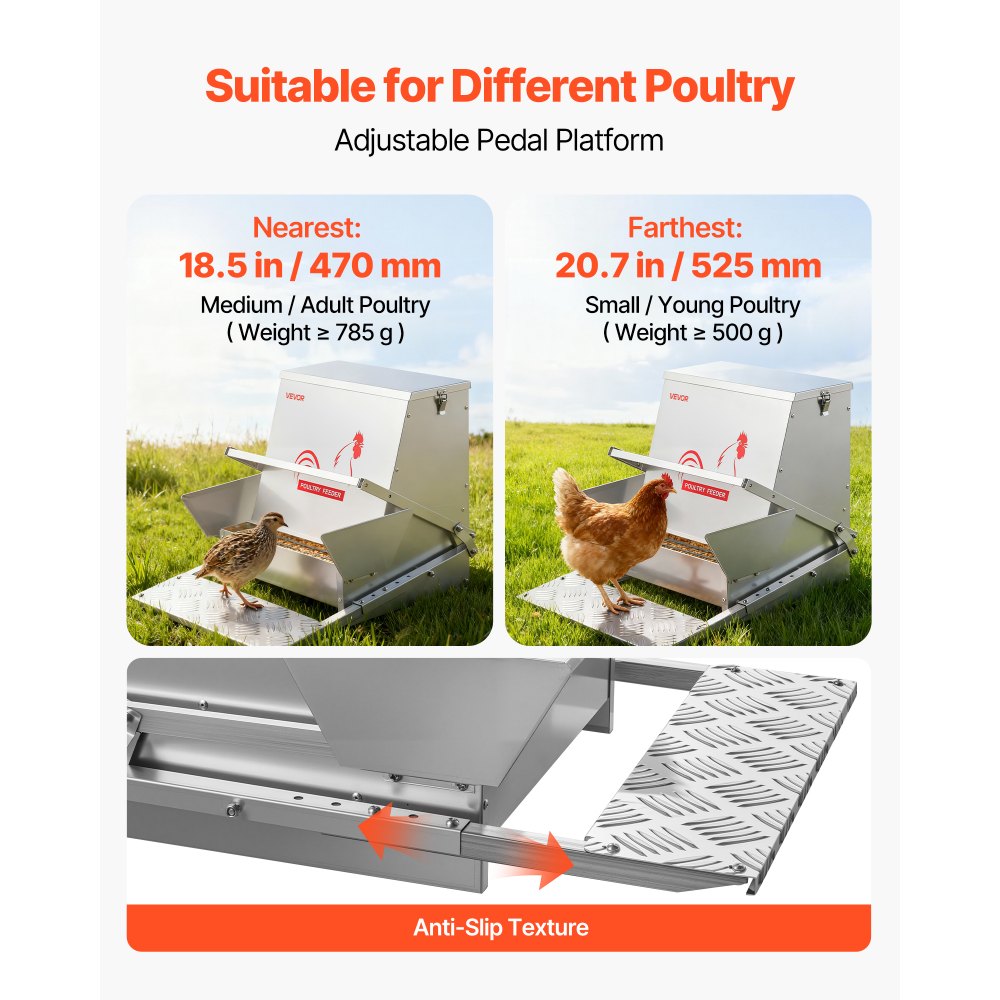 VEVOR Automatic Chicken Feeder, 18.14 kg Capacity, Rainproof Treadle Poultry Feeder with Lockable Lid, No Waste, Galvanized Steel Construction, Outdoor Use, for Chicken, Bantams, Poultry, Pheasants