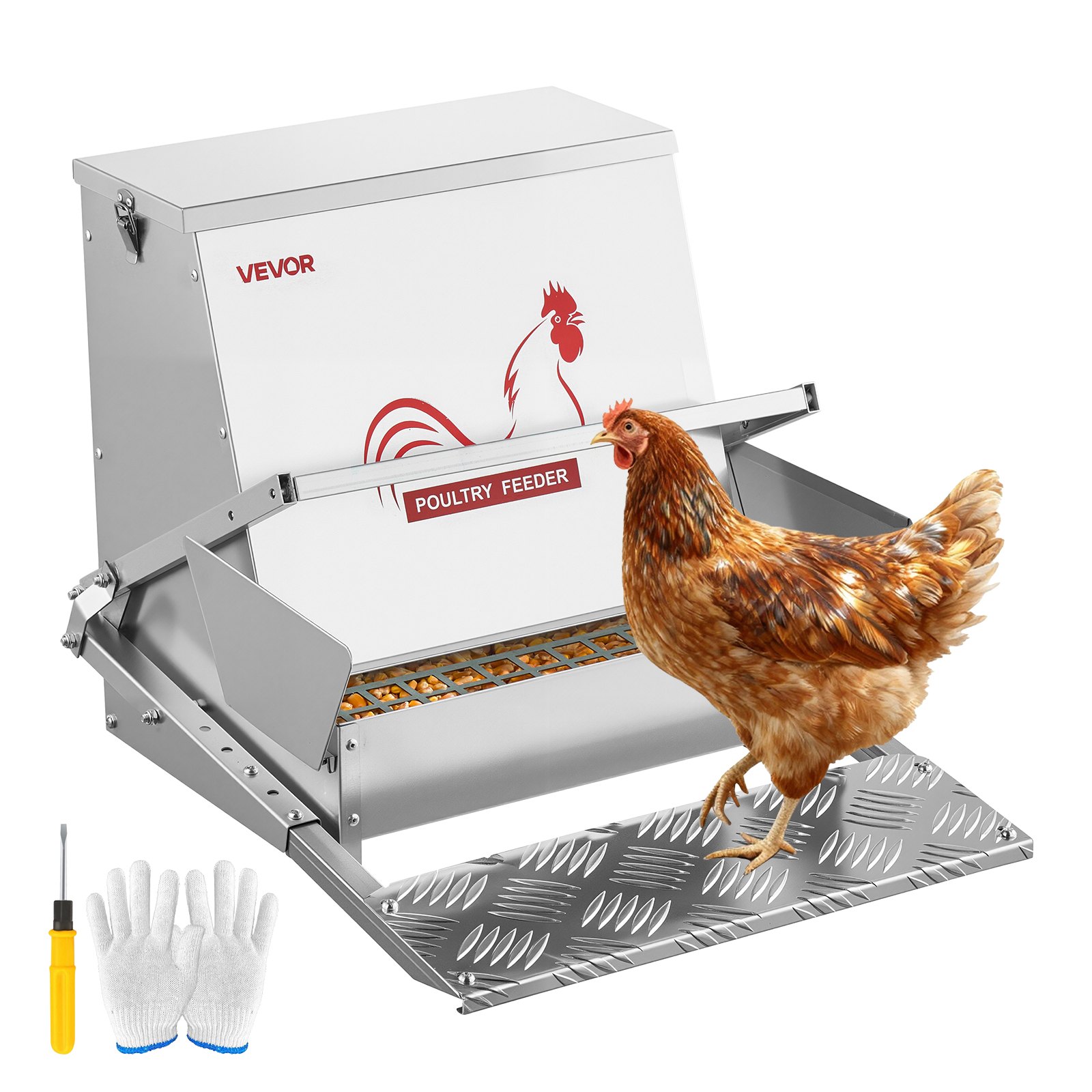 VEVOR Automatic Chicken Feeder, 18.14 kg Capacity, Rainproof Treadle Poultry Feeder with Lockable Lid, No Waste, Galvanized Steel Construction, Outdoor Use, for Chicken, Bantams, Poultry, Pheasants