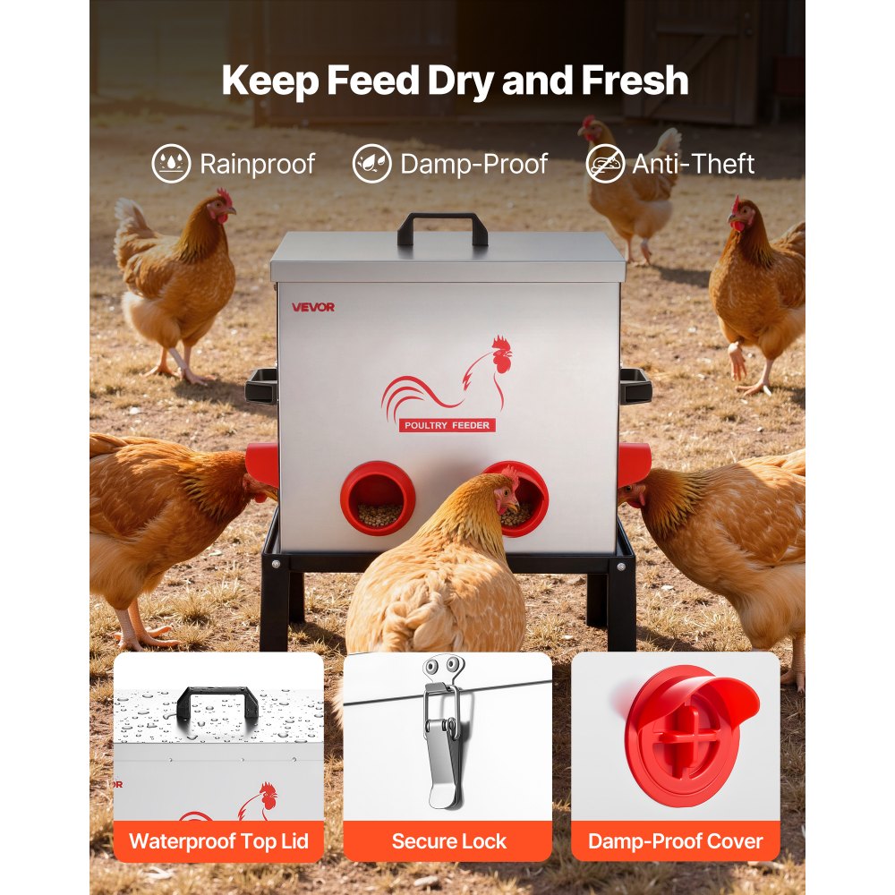 VEVOR Automatic Chicken Feeder, 22.68 kg Capacity, 6 Feeding Ports No-Waste Poultry Feeder with Built-In Divider, with Latch & Handle, Metal Construction, for Chickens Bantams Pheasants Poultry Coop