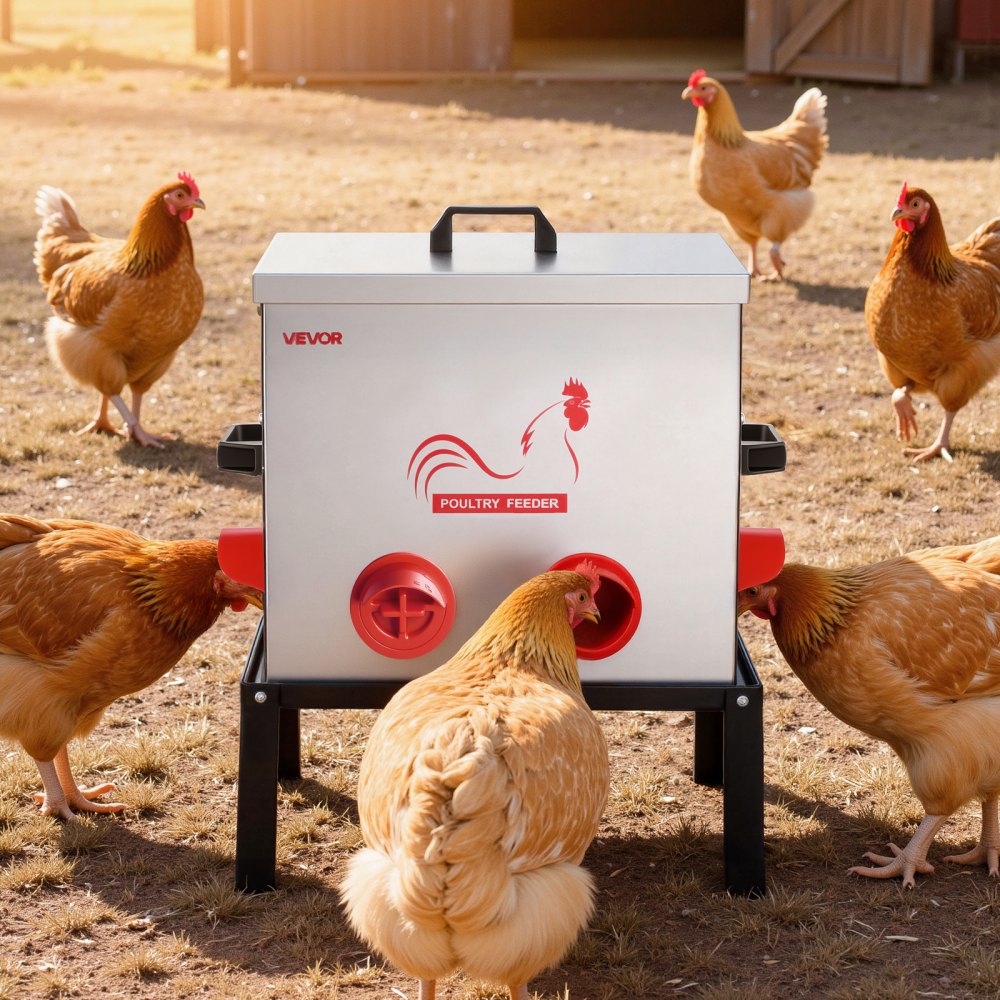 VEVOR Automatic Chicken Feeder, 22.68 kg Capacity, 6 Feeding Ports No-Waste Poultry Feeder with Built-In Divider, with Latch & Handle, Metal Construction, for Chickens Bantams Pheasants Poultry Coop