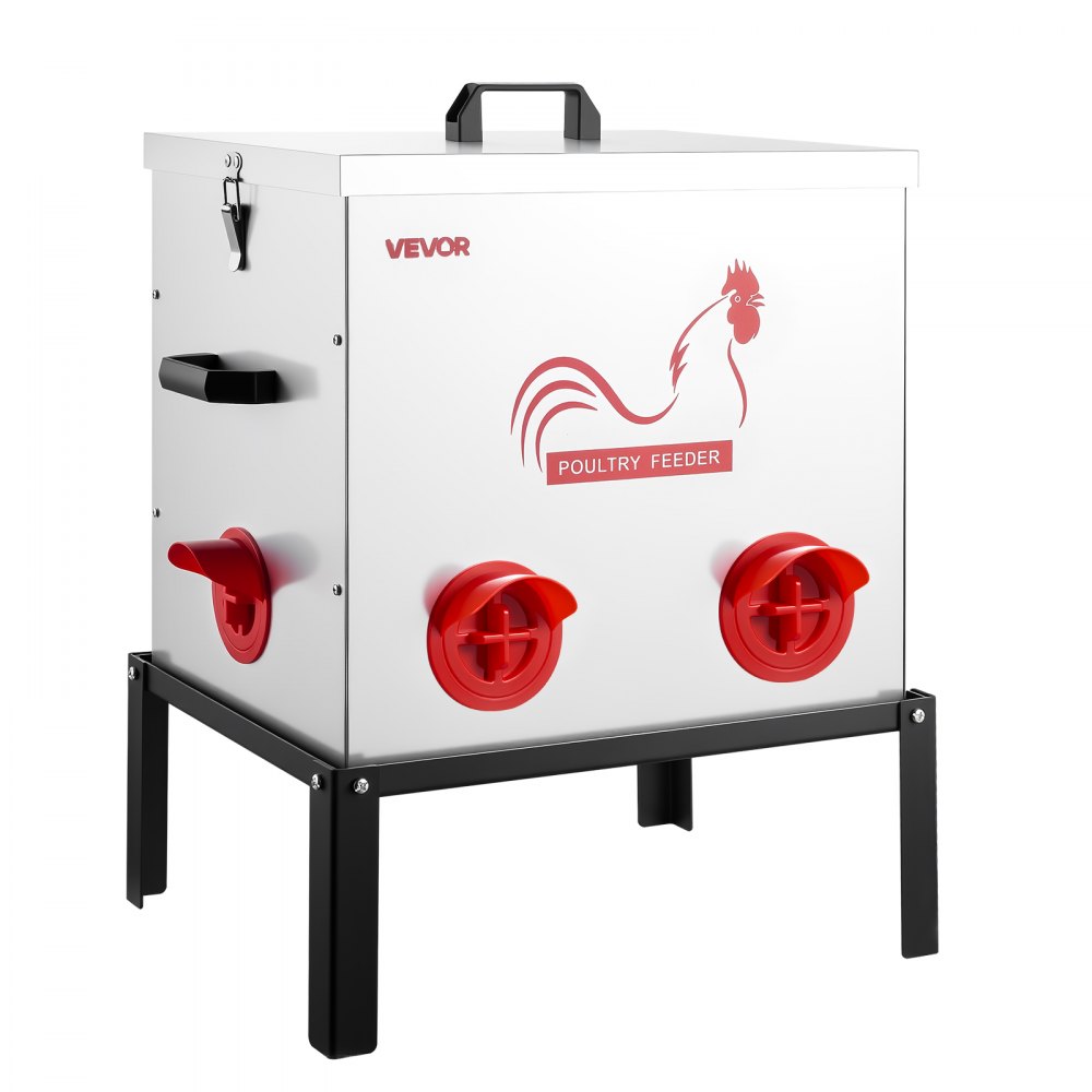 VEVOR Automatic Chicken Feeder, 22.68 kg Capacity, 6 Feeding Ports No-Waste Poultry Feeder with Built-In Divider, with Latch & Handle, Metal Construction, for Chickens Bantams Pheasants Poultry Coop