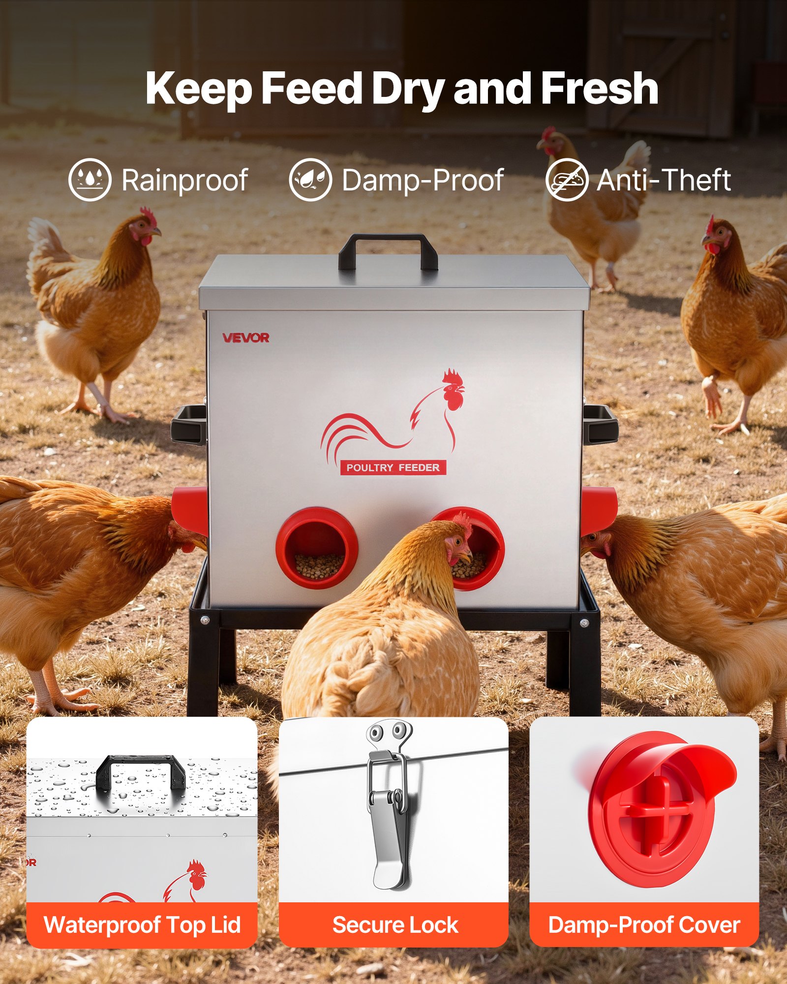 VEVOR Automatic Chicken Feeder, 22.68 kg Capacity, 6 Feeding Ports No-Waste Poultry Feeder with Built-In Divider, with Latch & Handle, Metal Construction, for Chickens Bantams Pheasants Poultry Coop