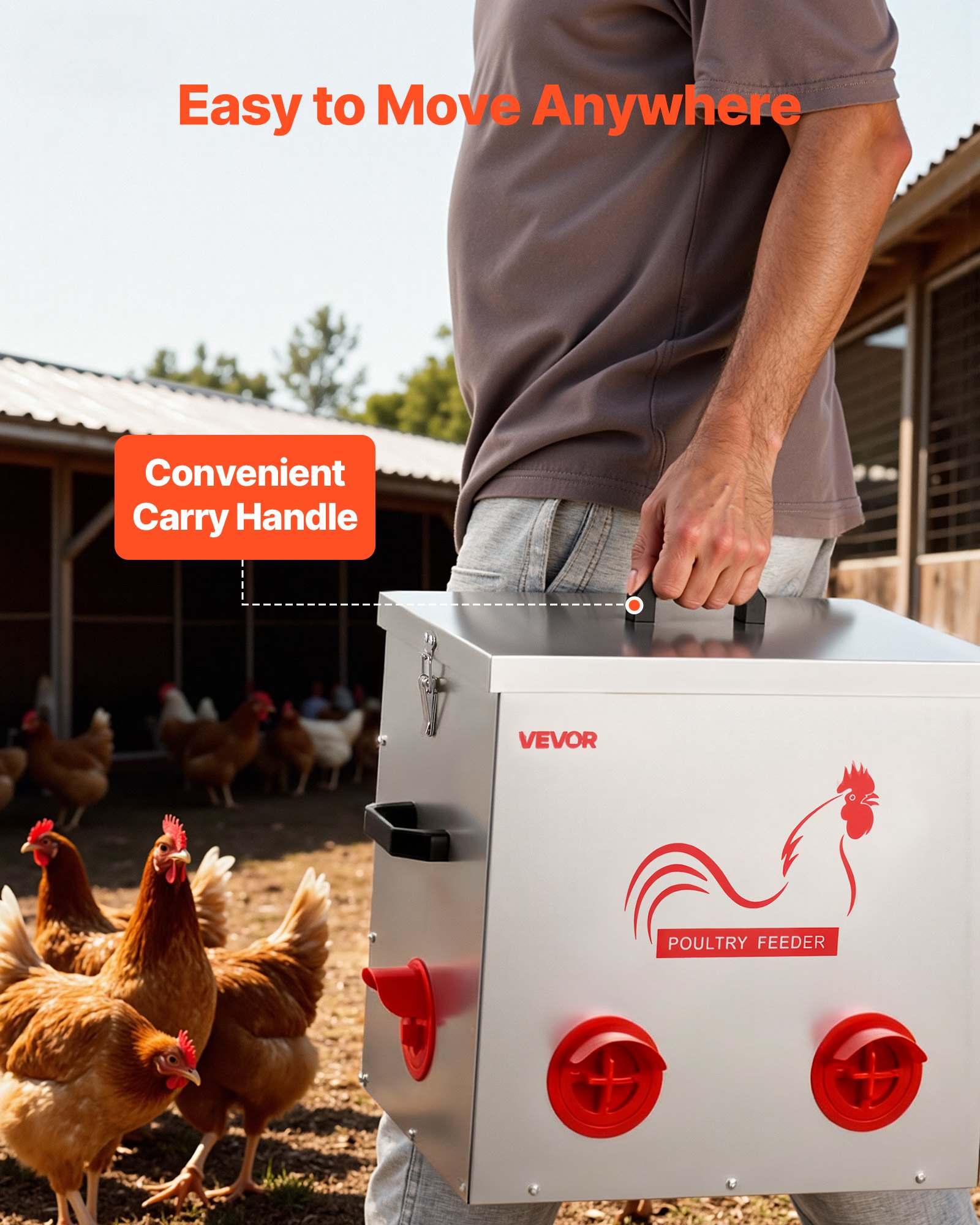 VEVOR Automatic Chicken Feeder, 22.68 kg Capacity, 6 Feeding Ports No-Waste Poultry Feeder with Built-In Divider, with Latch & Handle, Metal Construction, for Chickens Bantams Pheasants Poultry Coop