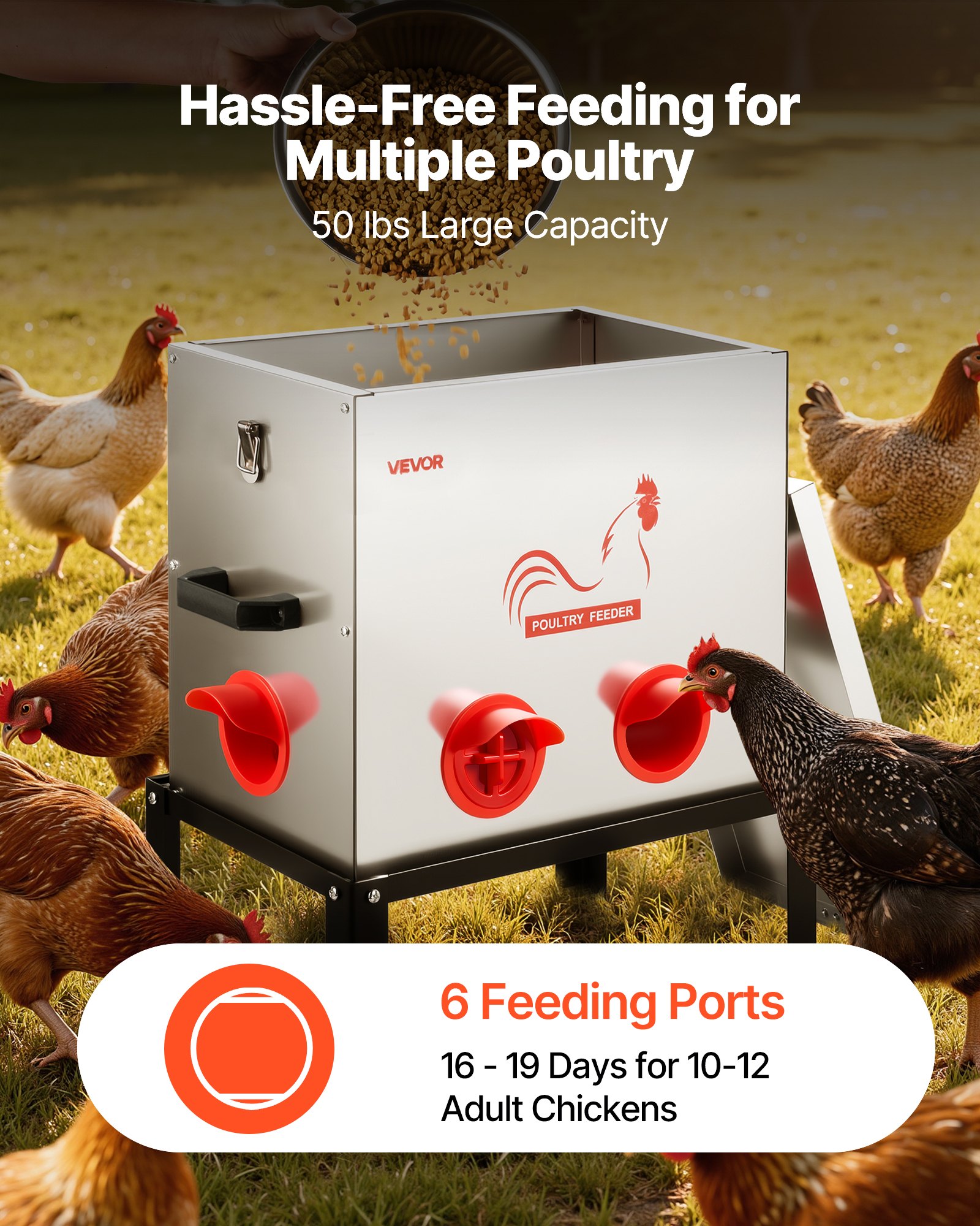 VEVOR Automatic Chicken Feeder, 22.68 kg Capacity, 6 Feeding Ports No-Waste Poultry Feeder with Built-In Divider, with Latch & Handle, Metal Construction, for Chickens Bantams Pheasants Poultry Coop