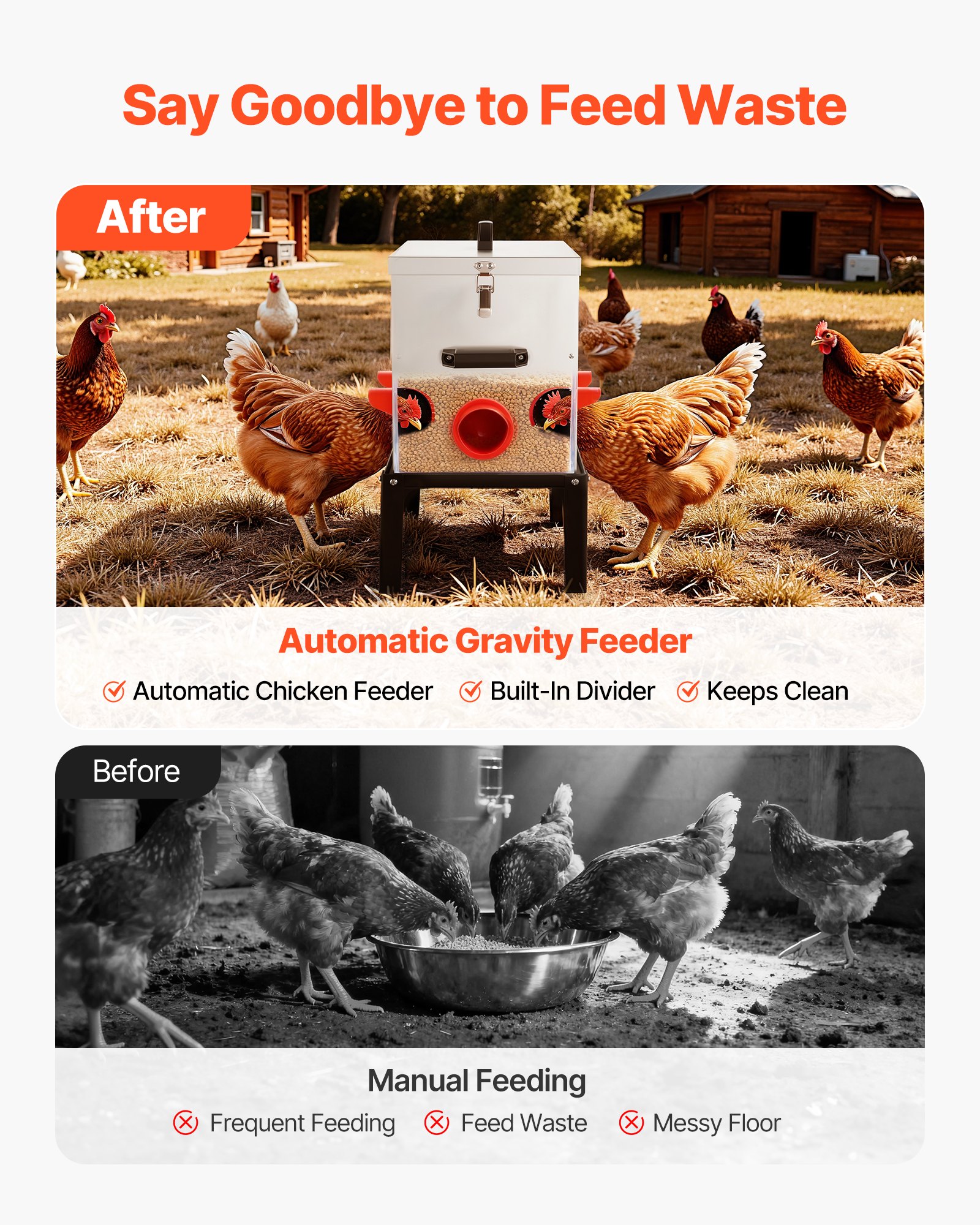 VEVOR Automatic Chicken Feeder, 38.56 kg Capacity, 6 Feeding Ports No-Waste Poultry Feeder with Built-In Divider, with Latch & Handle, Metal Construction, for Chickens Bantams Pheasants Poultry Coop