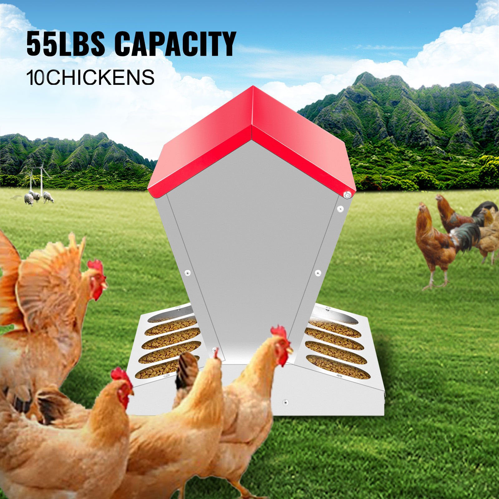 VEVOR Galvanized Poultry Feeder 55lbs Capacity Chicken Feeder No Waste 55 lbs Chicken Feeder with Lid 15.17x15.17x17.7 in Chicken Feeder and Water for 10 Chickens Automatic Poultry Feeder Outdoor