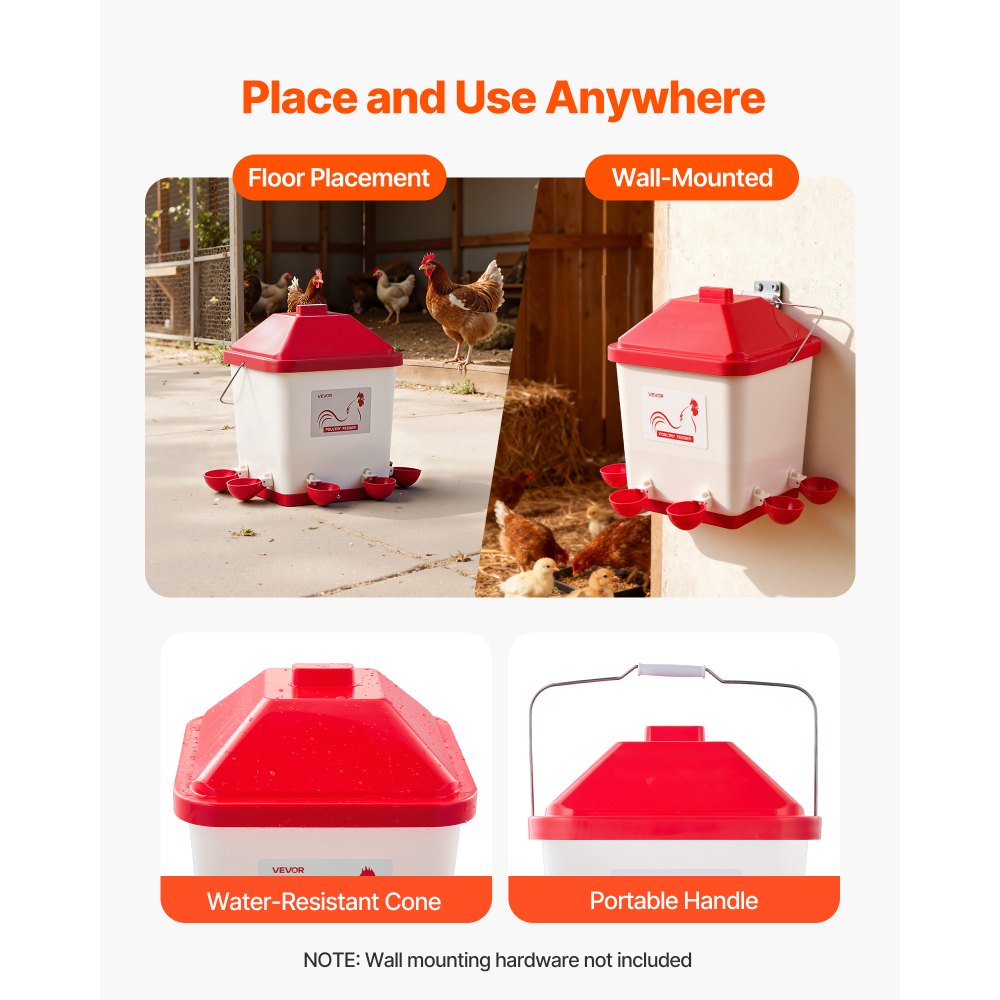 VEVOR 19L Automatic Chicken Waterer, 6 Water Ports, Automatic-Fill Water Cup, Automatic Gravity Waterer with Convenient Handle Sealed Rubber Ring, Waterproof PP Material, No Waste Design, for Chicken