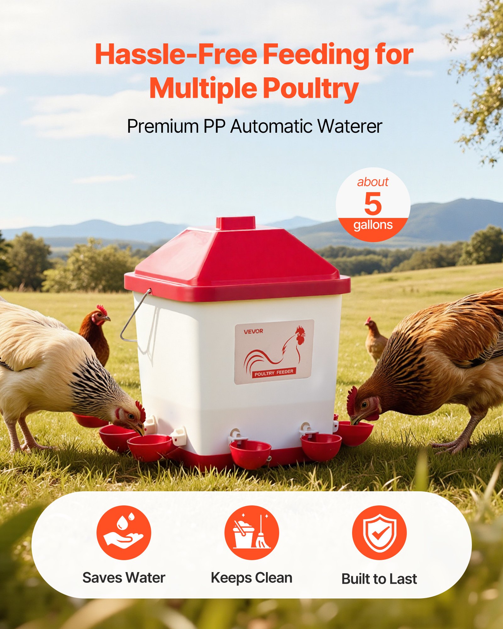 VEVOR 19L Automatic Chicken Waterer, 6 Water Ports, Automatic-Fill Water Cup, Automatic Gravity Waterer with Convenient Handle Sealed Rubber Ring, Waterproof PP Material, No Waste Design, for Chicken