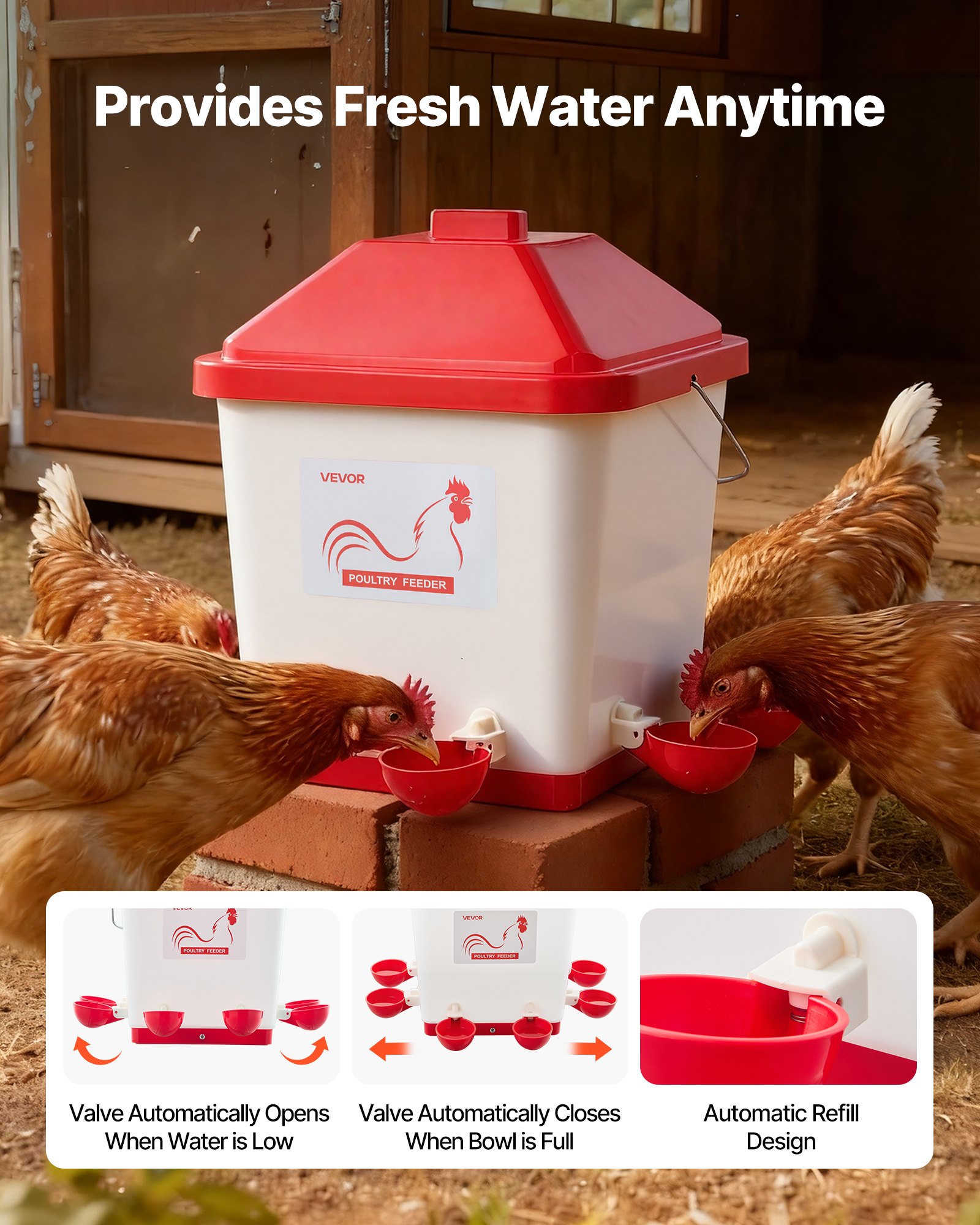 VEVOR 19L Automatic Chicken Waterer, 6 Water Ports, Automatic-Fill Water Cup, Automatic Gravity Waterer with Convenient Handle Sealed Rubber Ring, Waterproof PP Material, No Waste Design, for Chicken