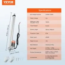 VEVOR Linear Actuator 12V, 16 Inch High Load 330lbs/1500N Linear Actuator, 0.19"/s Linear Motion Actuator with Mounting Bracket and IP54 Protection