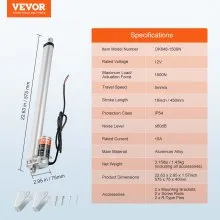 VEVOR Linear Actuator 12V, 18 Inch High Load 330lbs/1500N Linear Actuator, 0.19"/s Linear Motion Actuator with Mounting Bracket and IP54 Protection