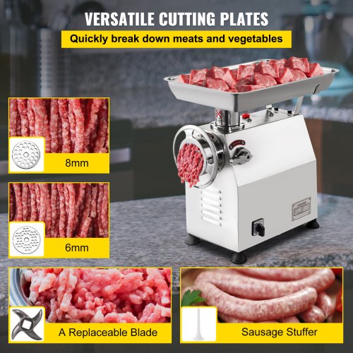 VEVOR Commercial Meat Grinder 770lbs/h Electric Sausage Maker 2200W Stainless Steel With 2 Grinding Heads & 2 Blades For Restaurants, Supermarkets, Fast Food Stores, Butcher Shops,Silver