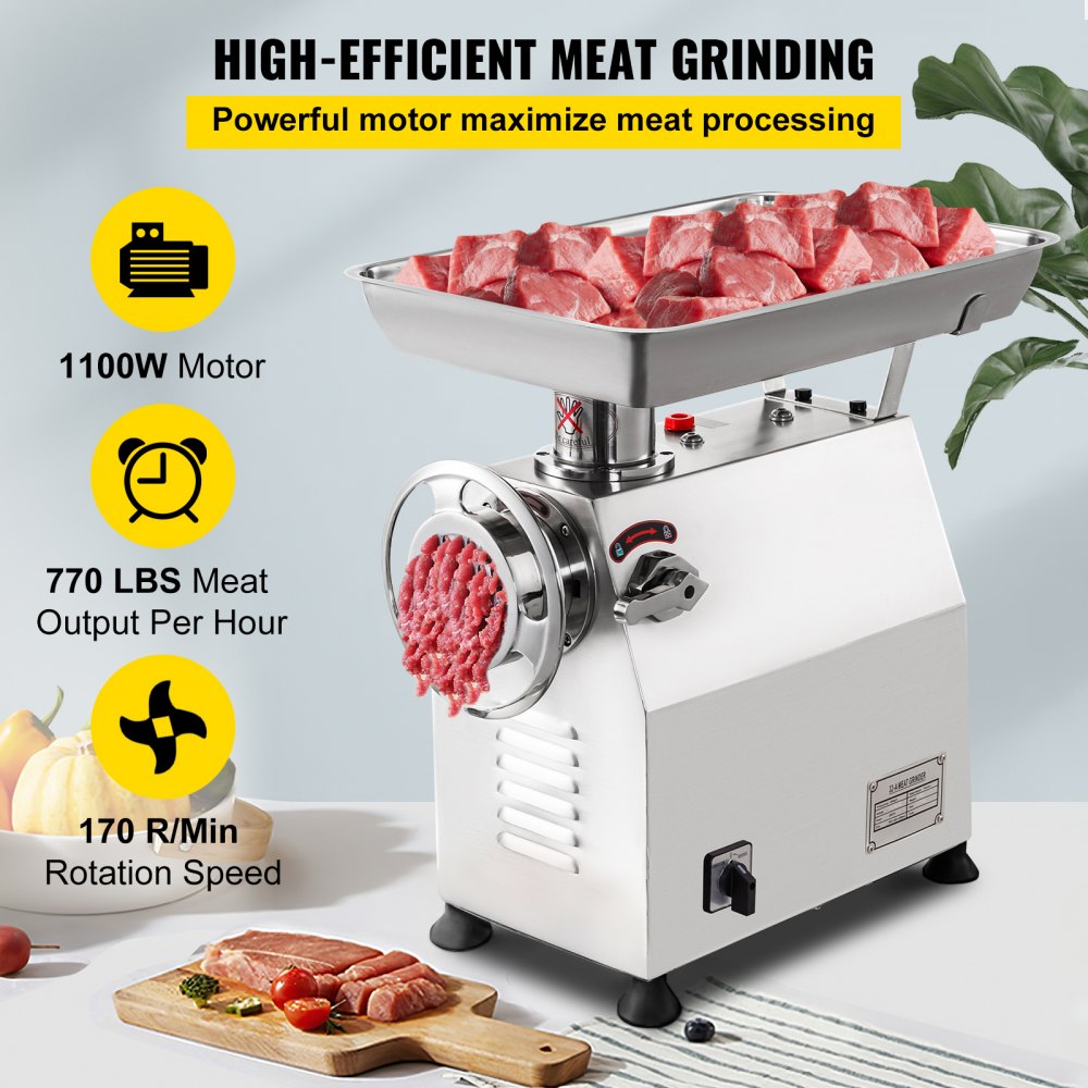 VEVOR Commercial Meat Grinder 770lbs/h Electric Sausage Maker 2200W Stainless Steel With 2 Grinding Heads & 2 Blades For Restaurants, Supermarkets, Fast Food Stores, Butcher Shops,Silver