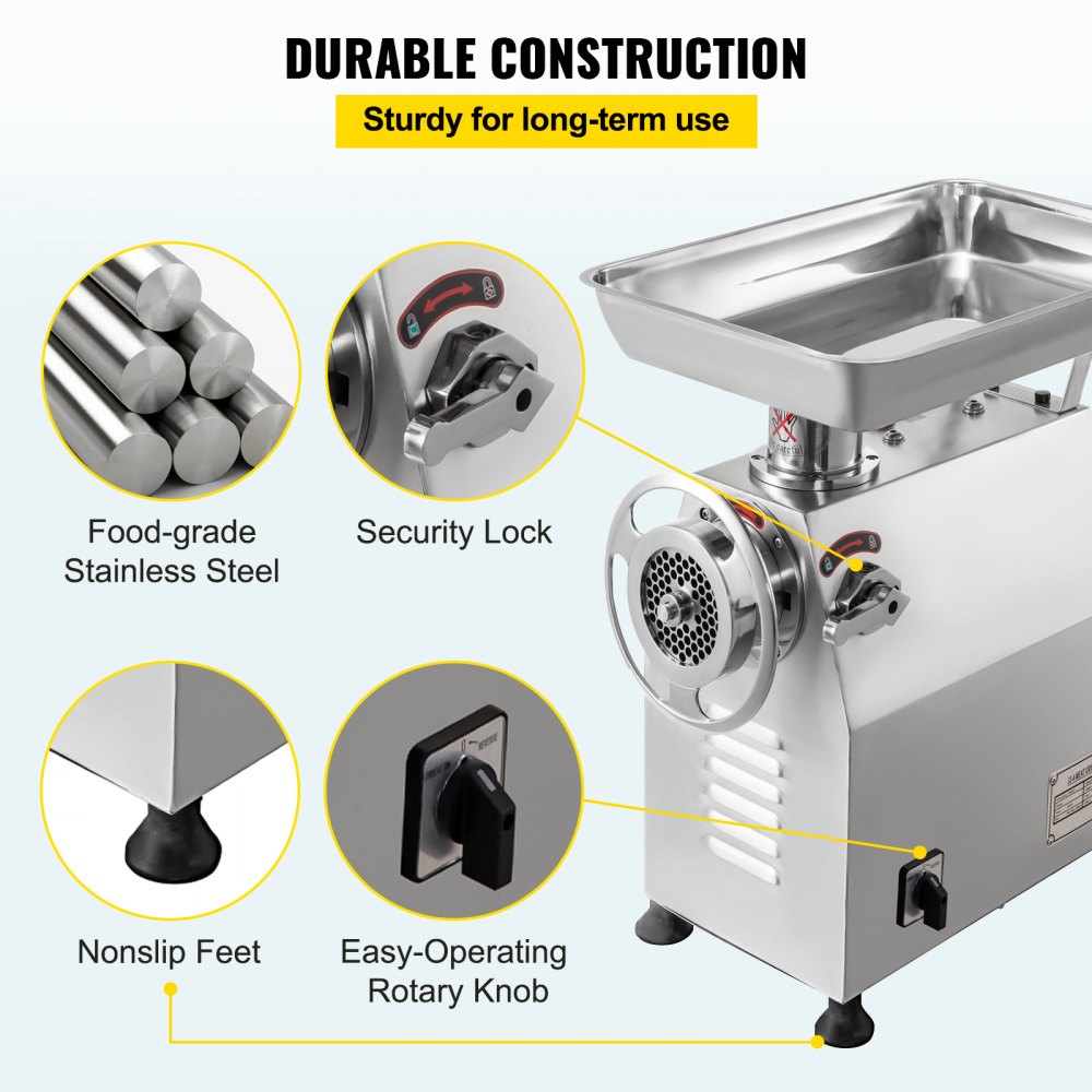 VEVOR Commercial Meat Grinder 770lbs/h Electric Sausage Maker 2200W Stainless Steel With 2 Grinding Heads & 2 Blades For Restaurants, Supermarkets, Fast Food Stores, Butcher Shops,Silver