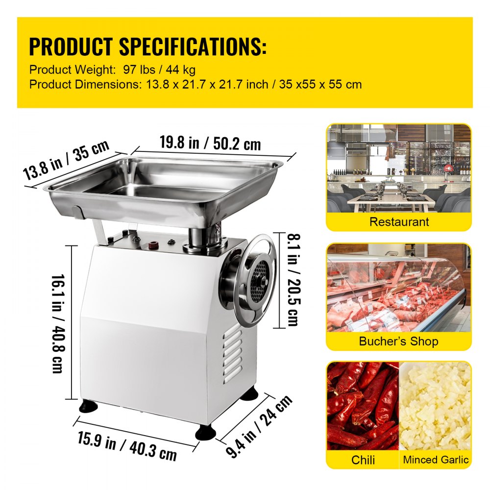 VEVOR Commercial Meat Grinder 770lbs/h Electric Sausage Maker 2200W Stainless Steel With 2 Grinding Heads & 2 Blades For Restaurants, Supermarkets, Fast Food Stores, Butcher Shops,Silver