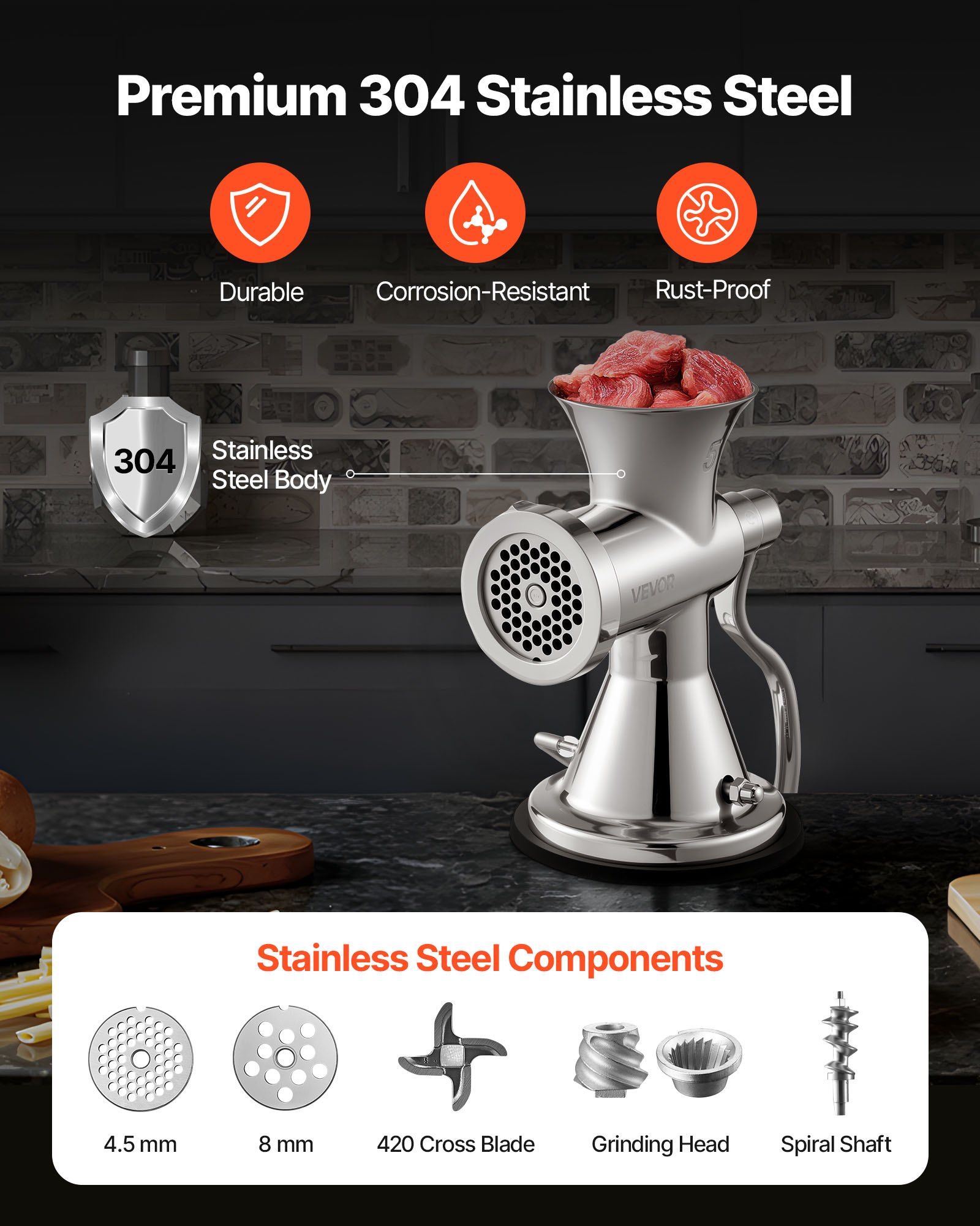 VEVOR Meat Grinder Manual 304 Stainless Steel Hand Operated Meat Grinder Multifunctional Crank Sausage Maker Coffee Powder Grinder for Household for Beef Chicken Pepper Mushroom Coffee