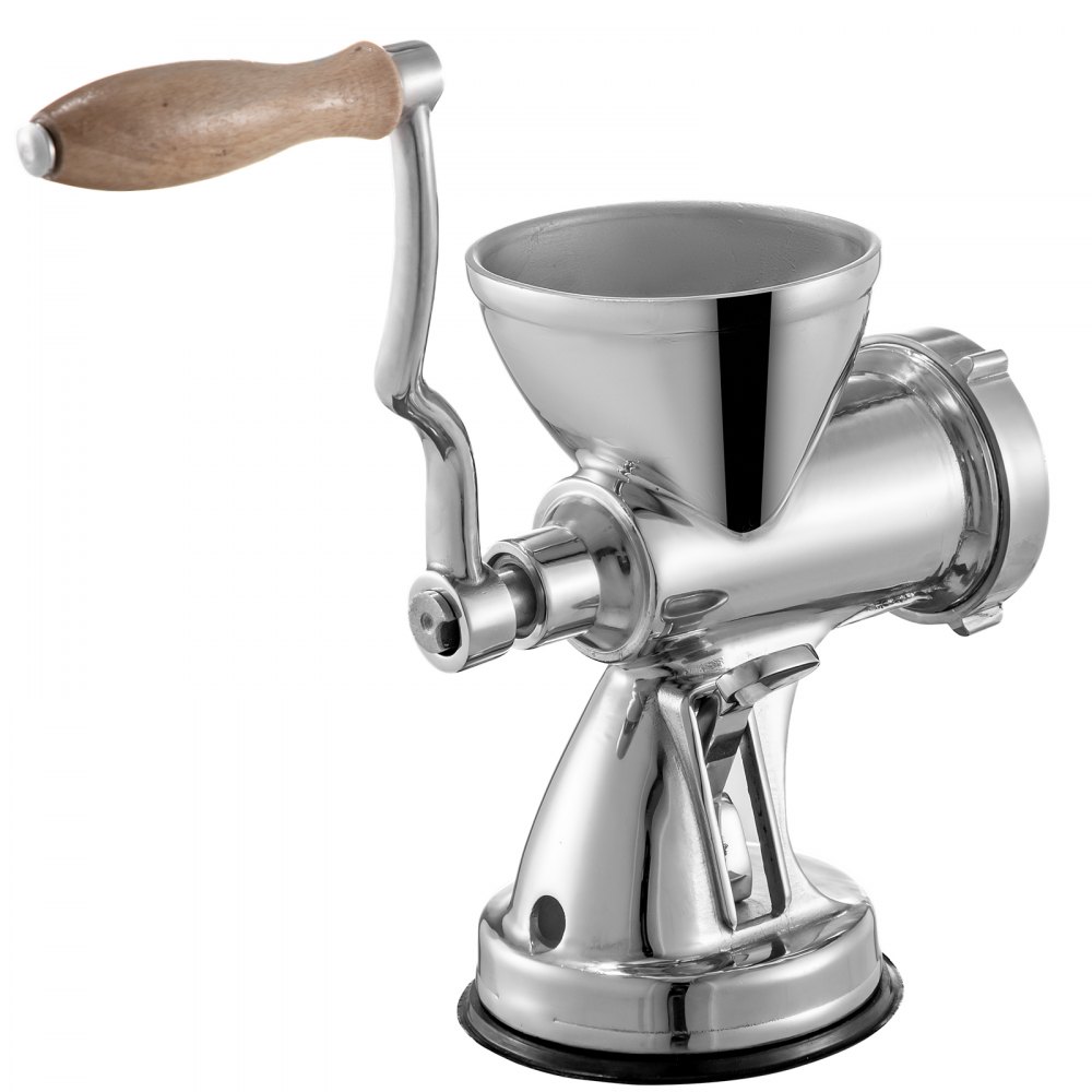 stainless steel VEVOR meat grinder with a wooden handle and suction base.