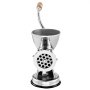 manual stainless steel VEVOR meat grinder with wooden handle on a white background.