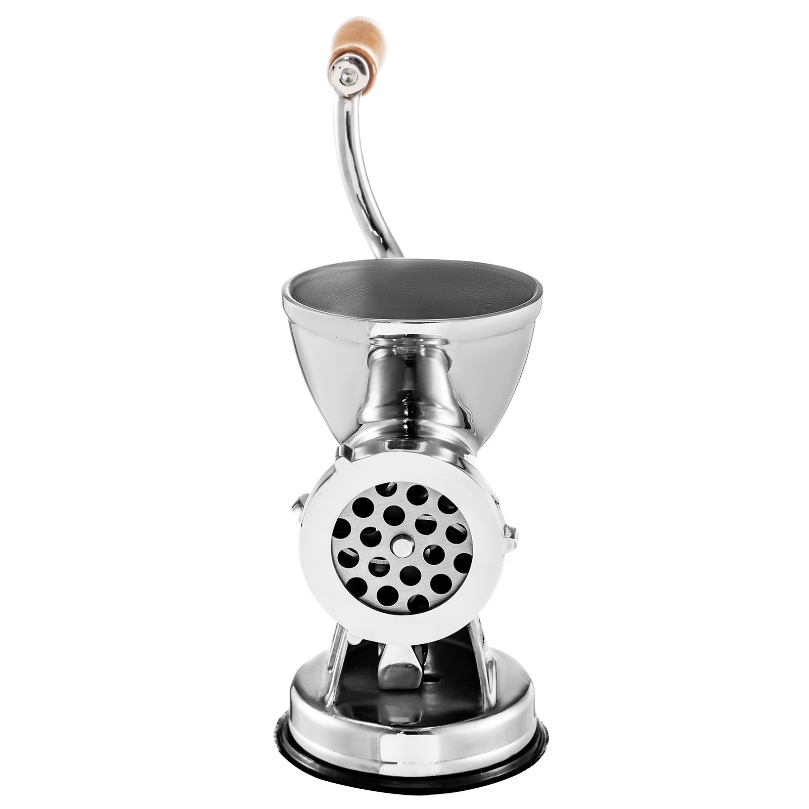 manual stainless steel VEVOR meat grinder with wooden handle on a white background.
