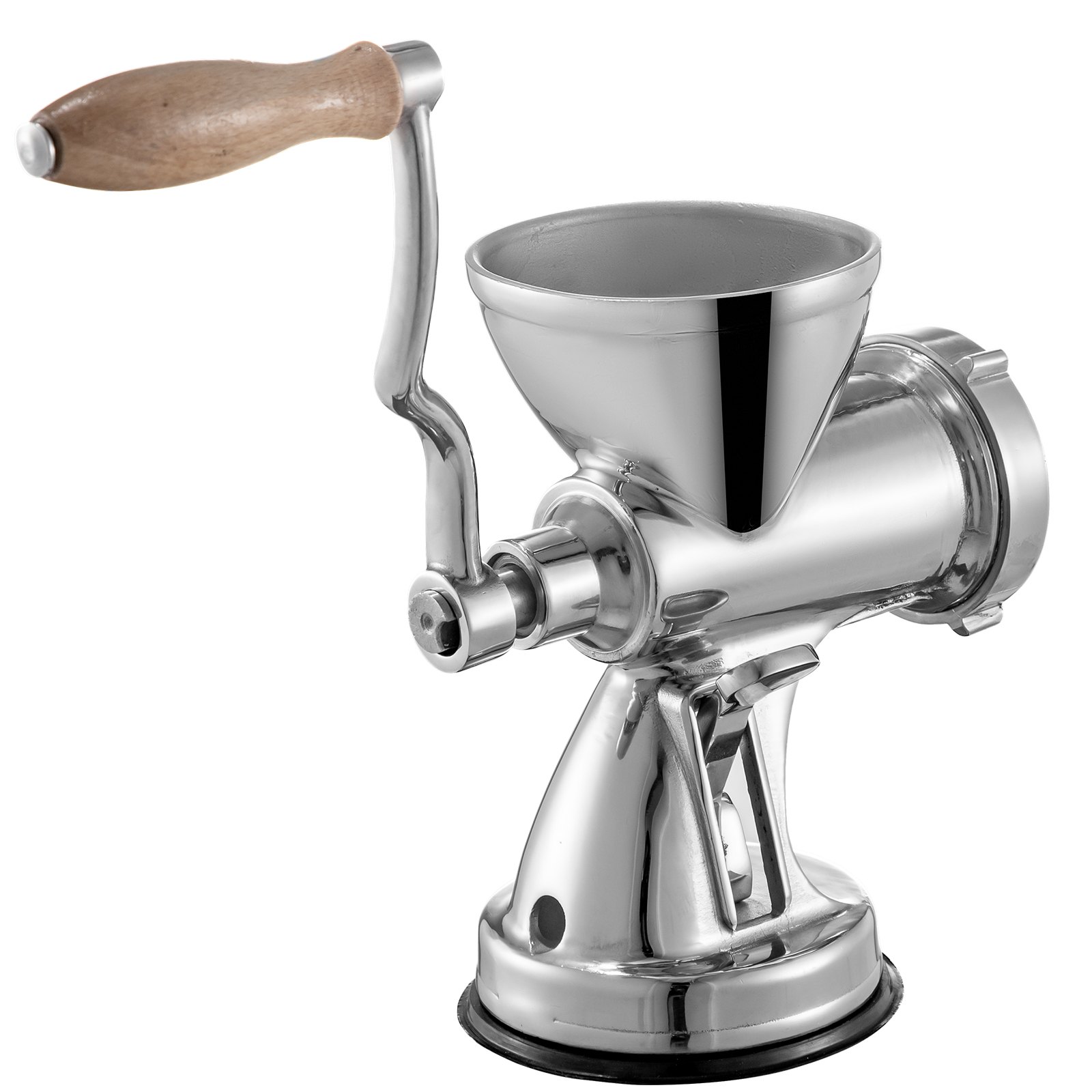 stainless steel VEVOR meat grinder with a wooden handle and suction base.