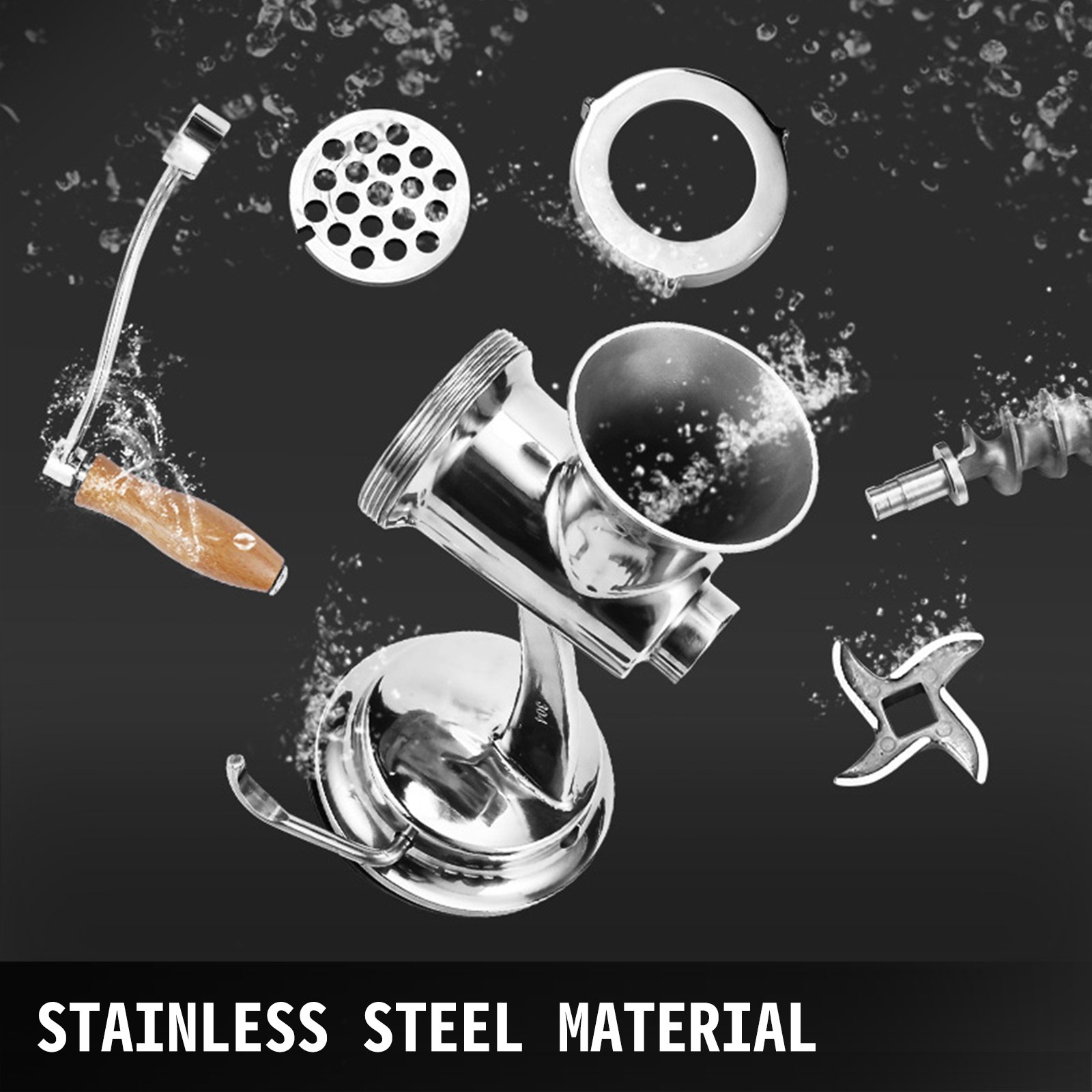 VEVOR meat grinder parts made of stainless steel on a dark background with water splashes.