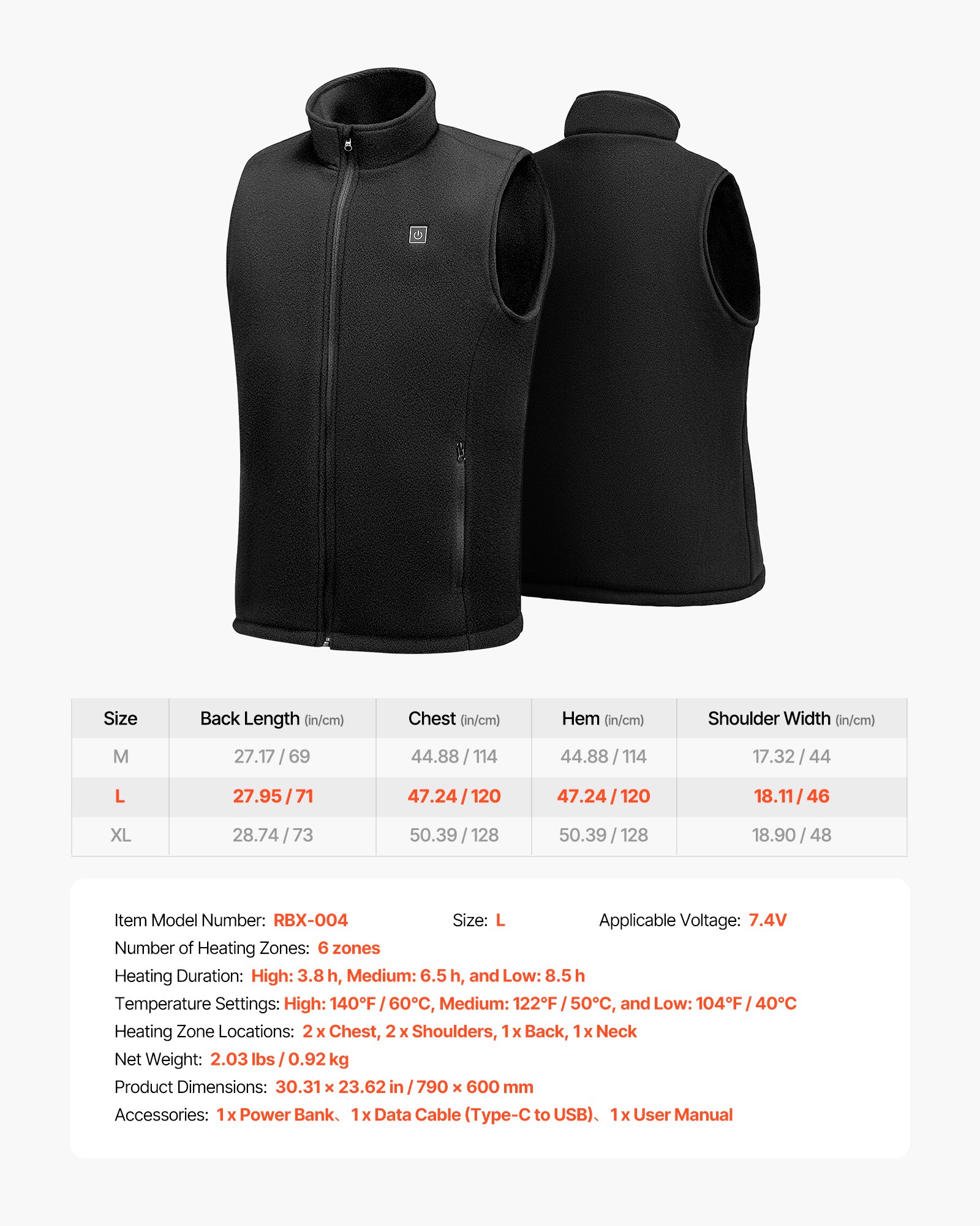 VEVOR Heated Vest, Men Electric Heating Vest with 16000 mAh Battery Pack, 6 Heating Zones Lightweight Rechargeable Winter-Vest with 3 Levels, for Outdoor Hiking Camping Fishing Skiing, Size L